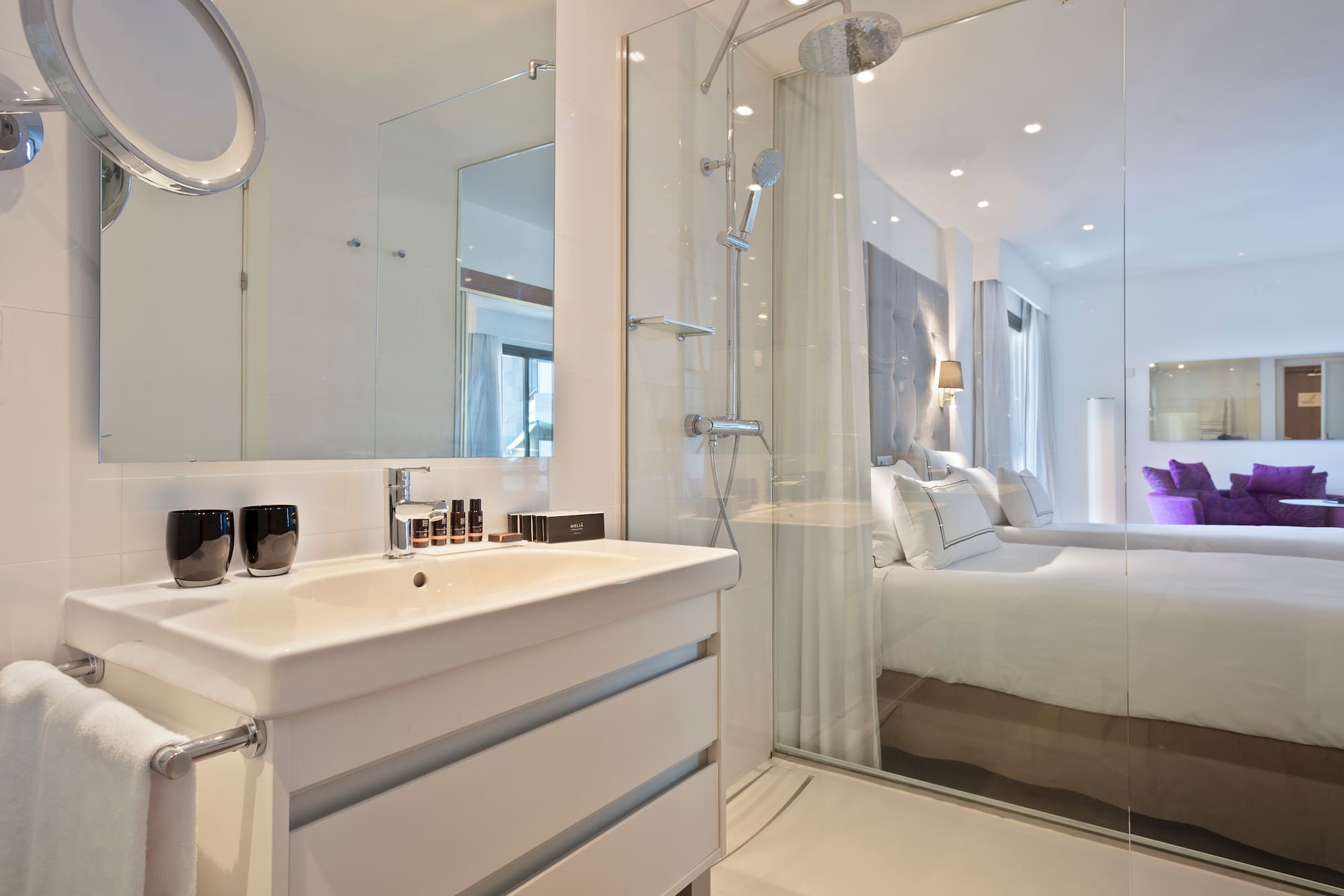 a bathroom with a shower and a bed