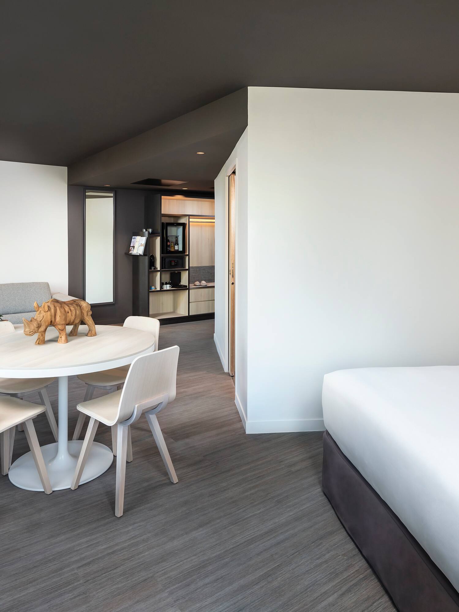 a room with a bed and a table