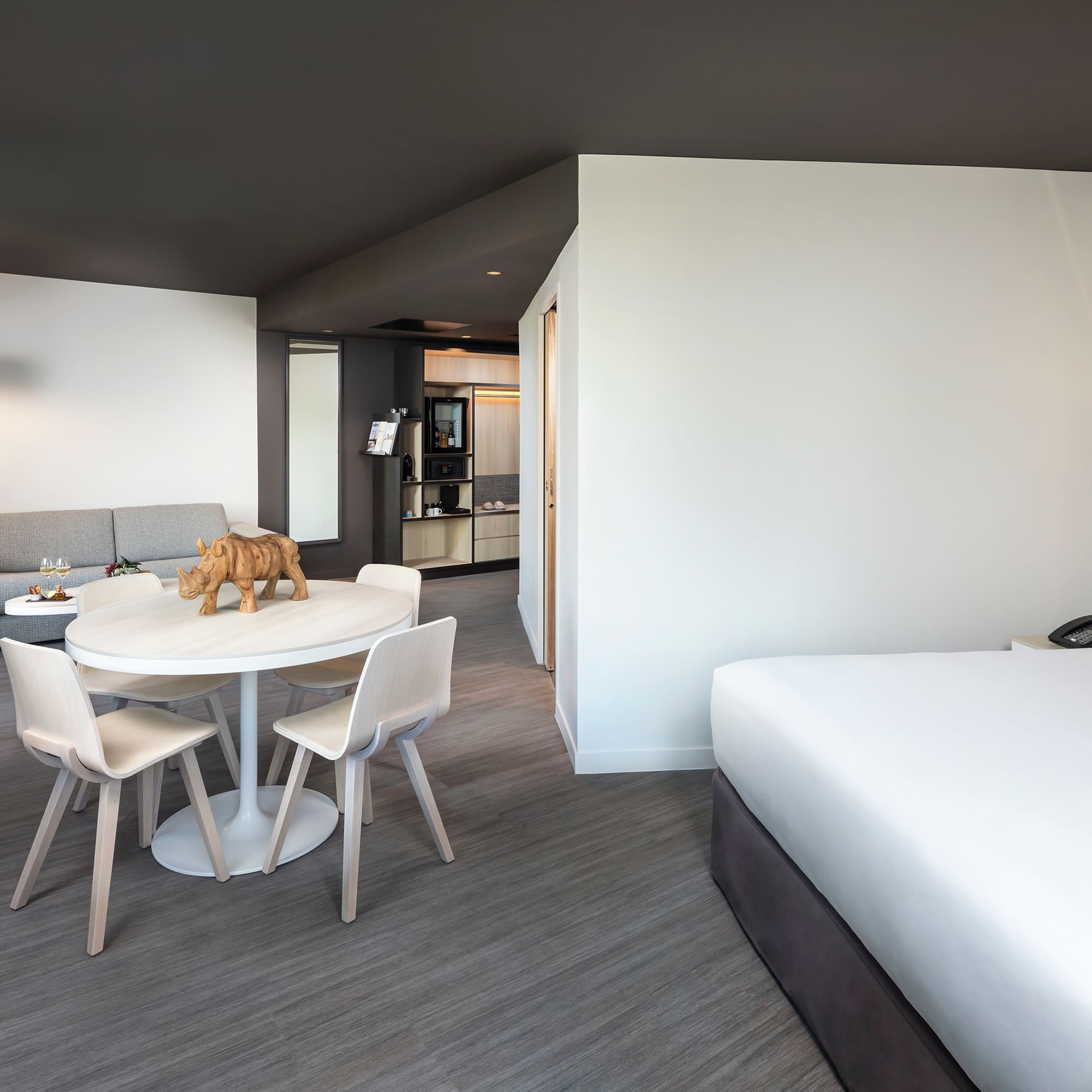 a room with a bed and a table