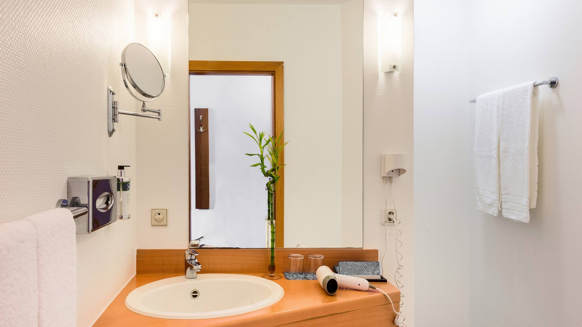 a bathroom with a mirror and a sink