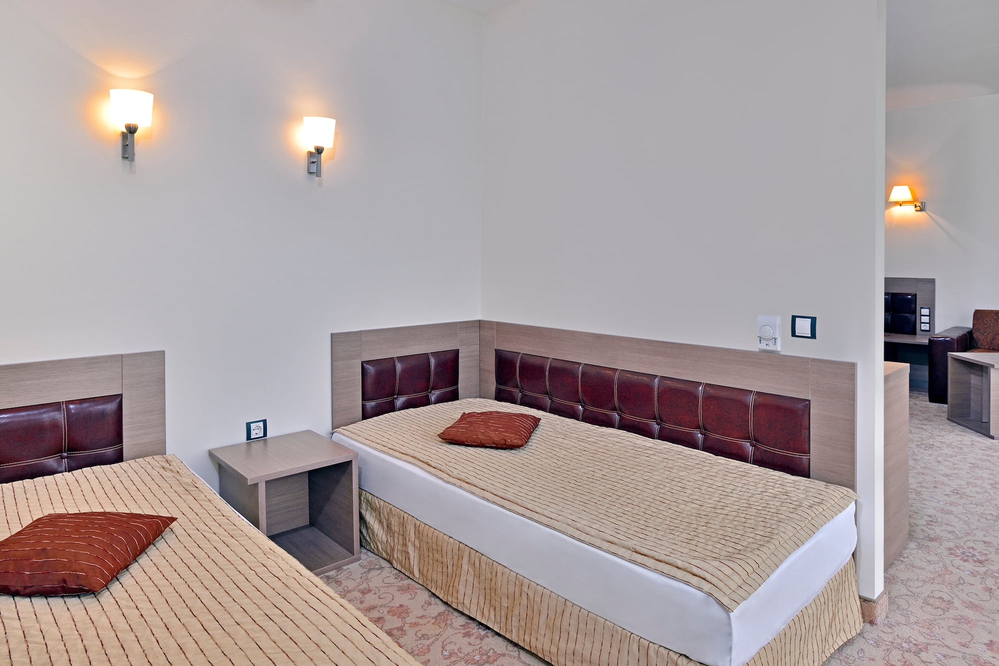 a room with a bed and a table