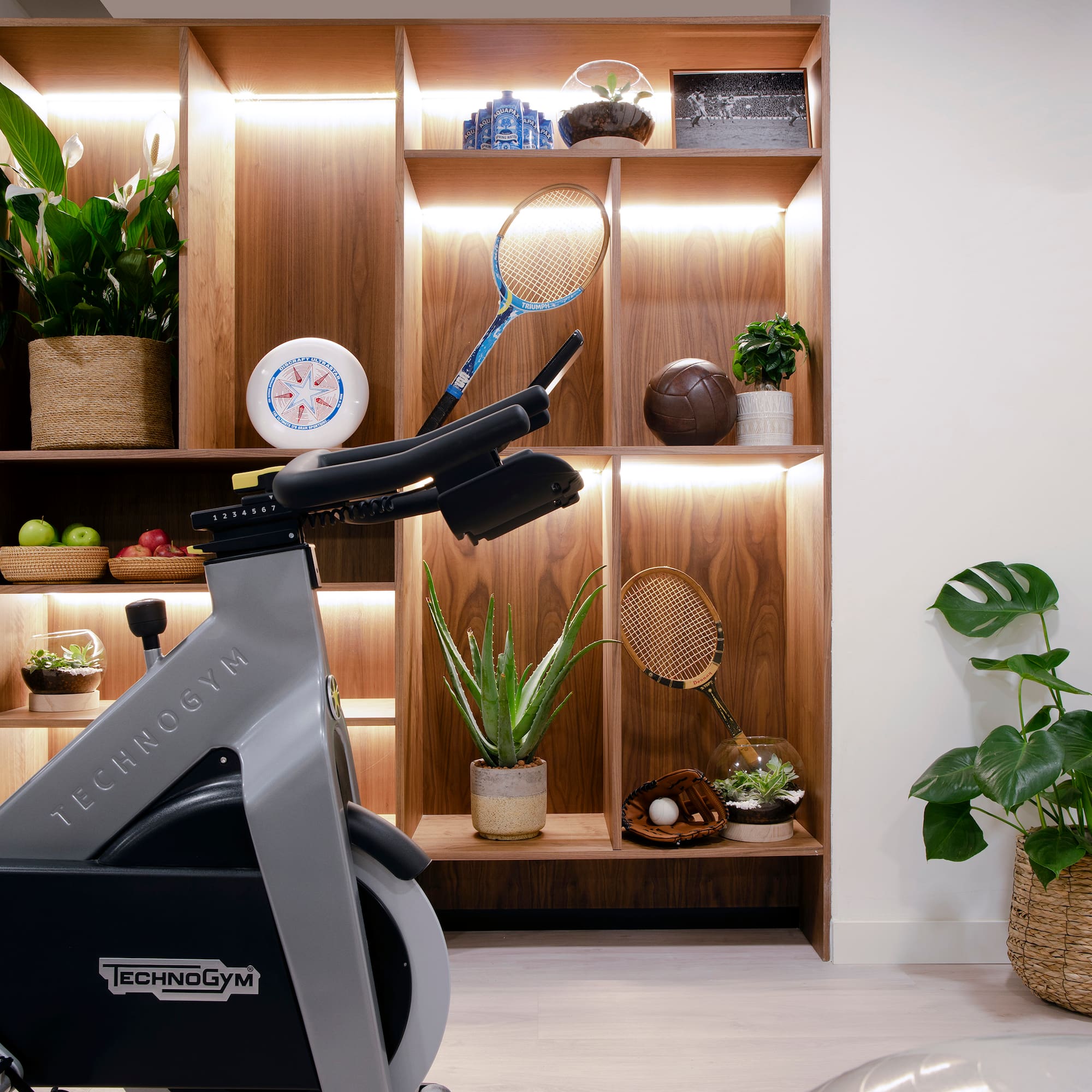 a exercise bike in a room with shelves and plants