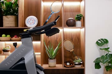 a exercise bike in a room with shelves and plants
