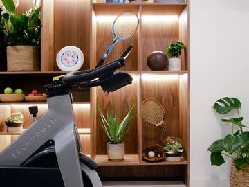 a exercise bike in a room with shelves and plants