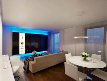 a living room with a couch and a table