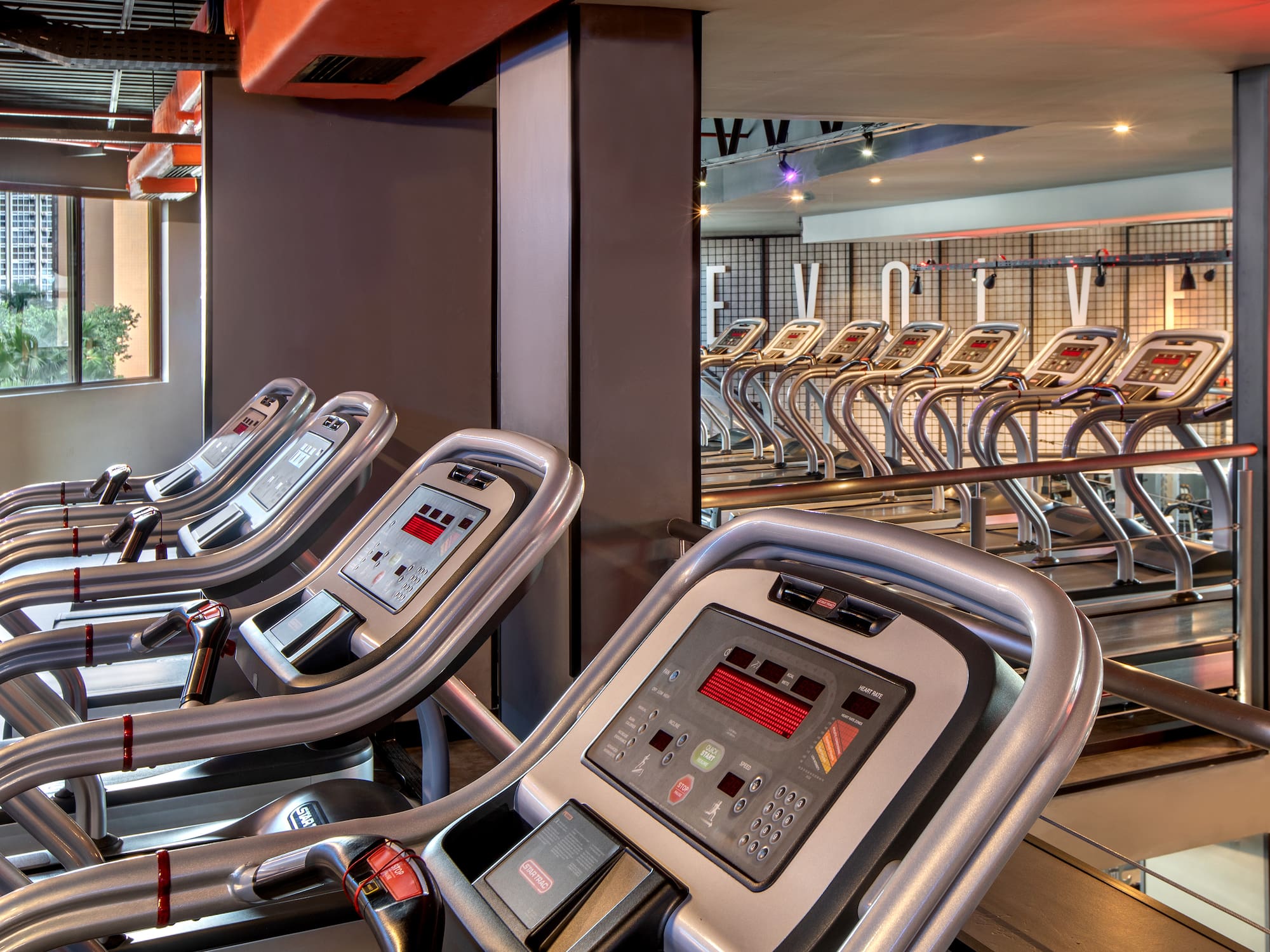 a group of treadmills in a gym