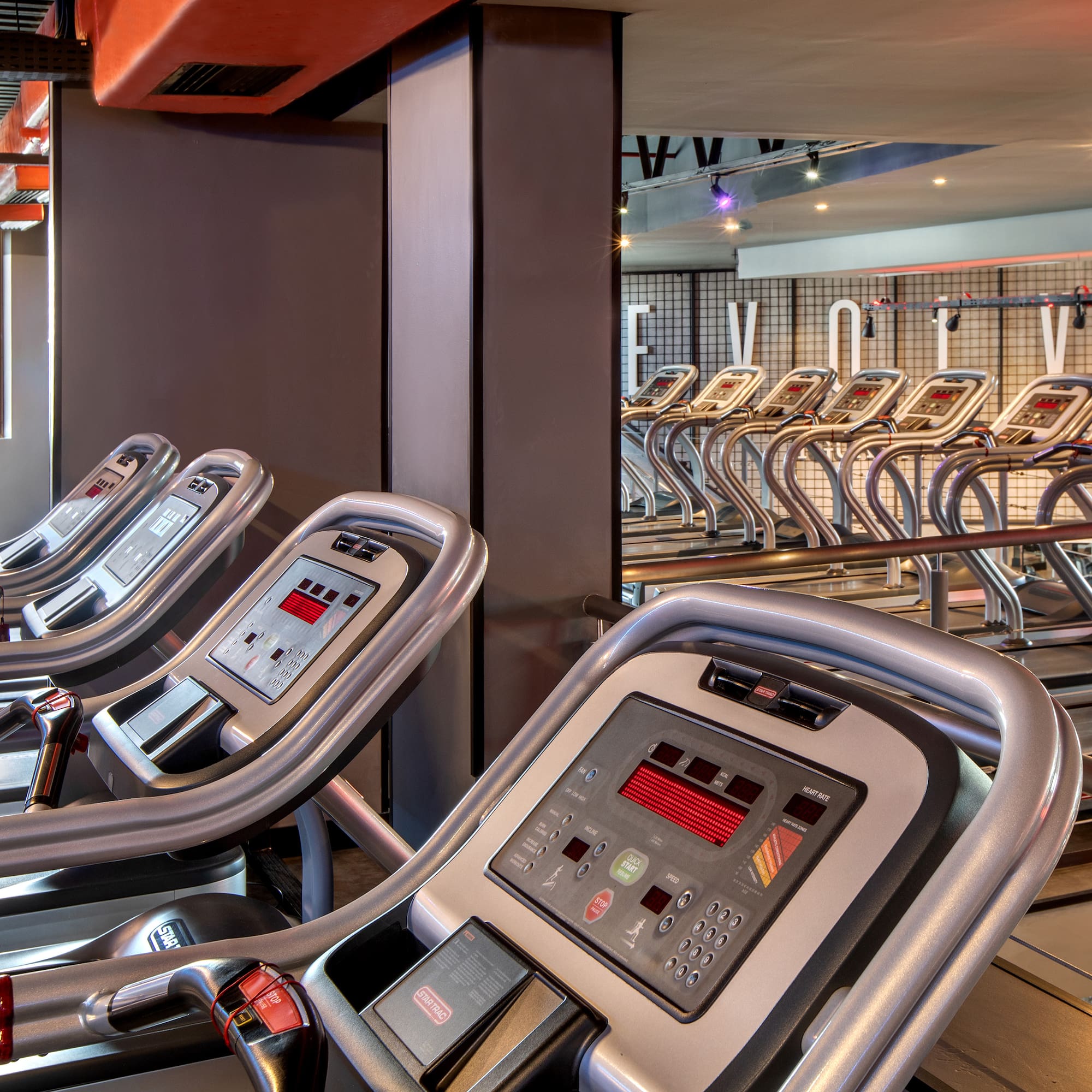 a group of treadmills in a gym