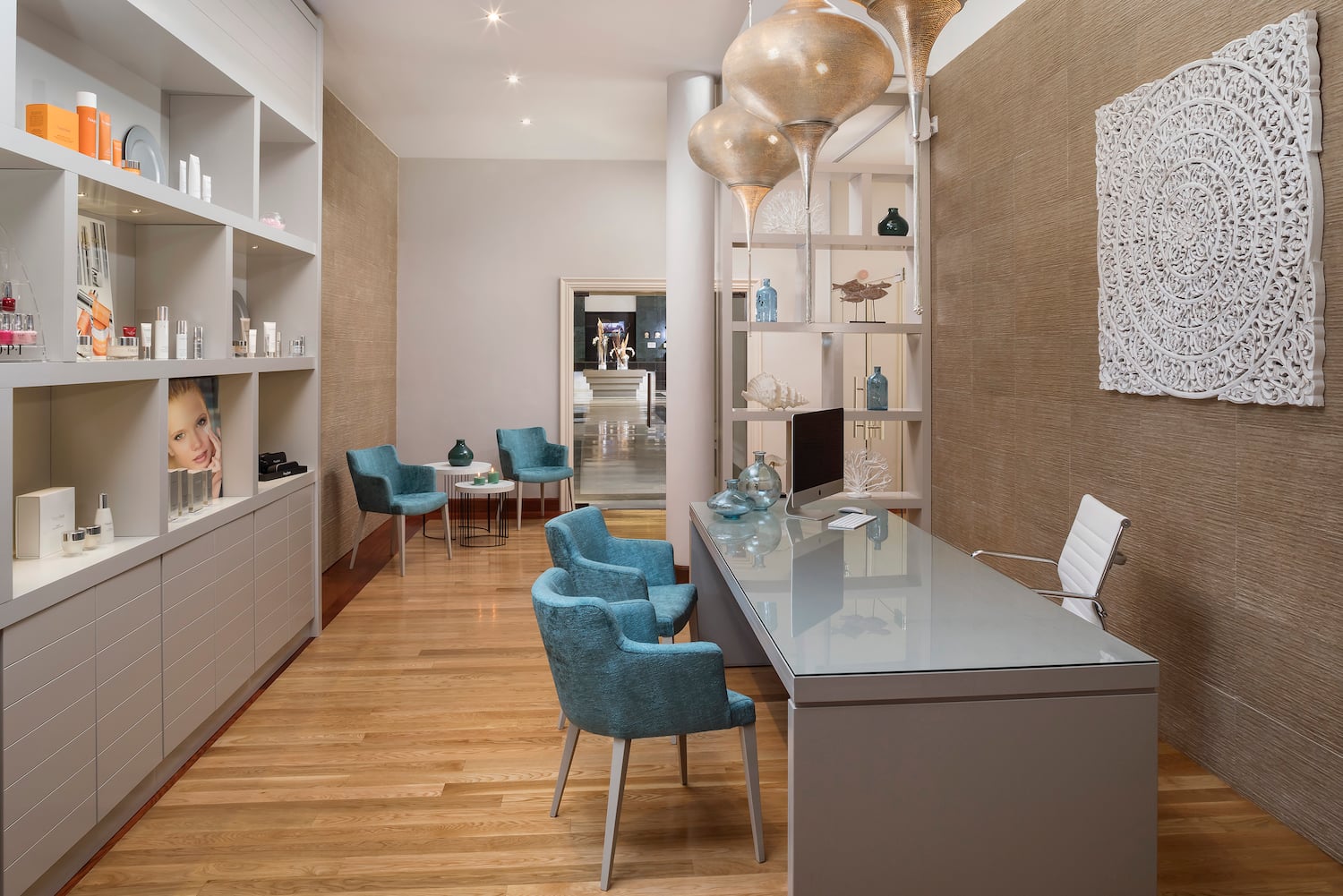 a room with a table and chairs