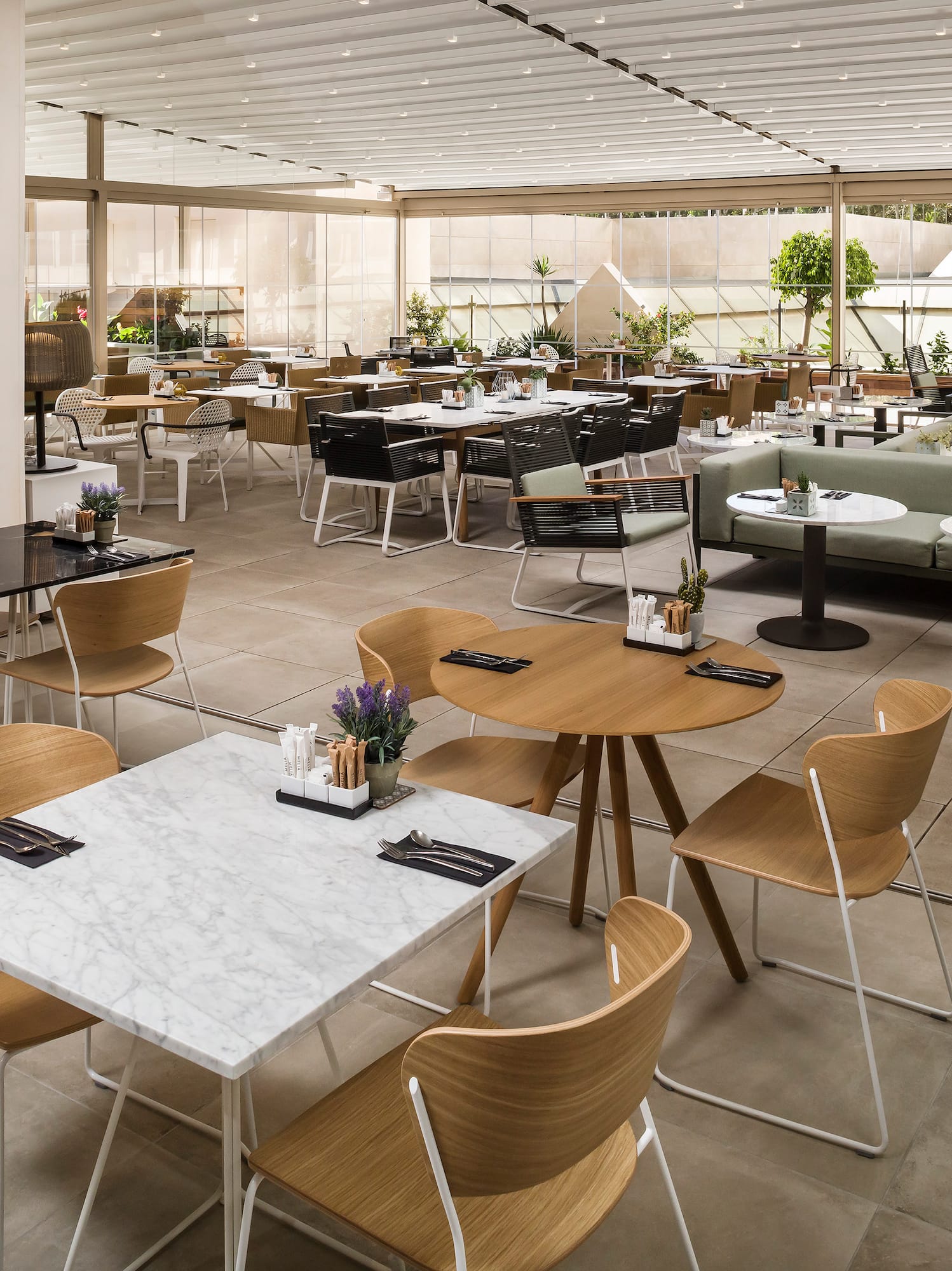 a room with tables and chairs