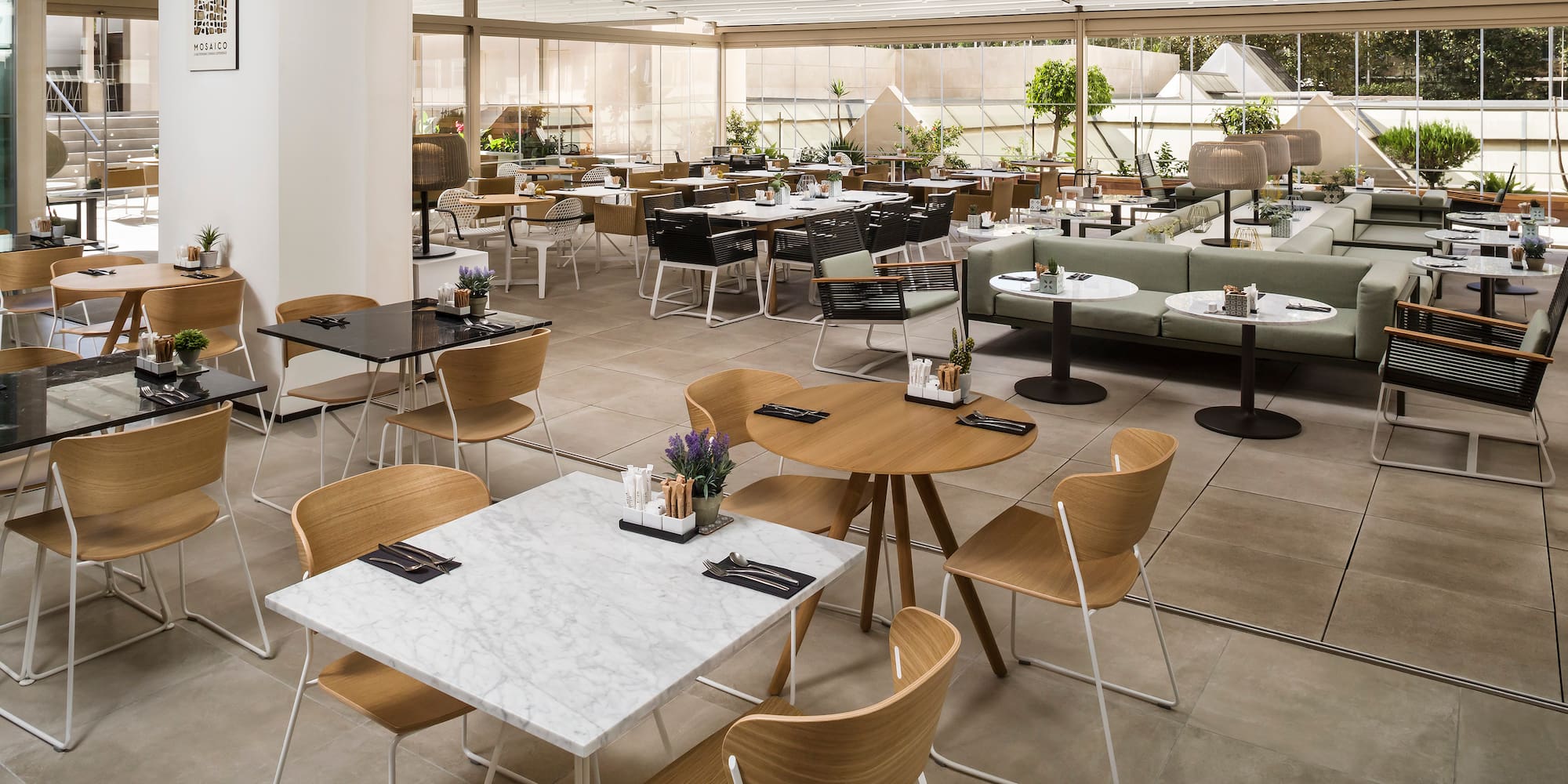 a room with tables and chairs