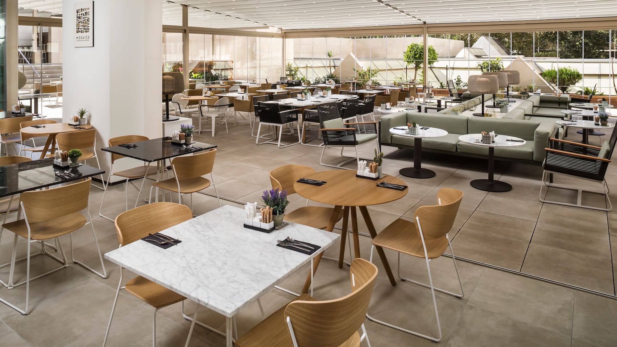 a room with tables and chairs