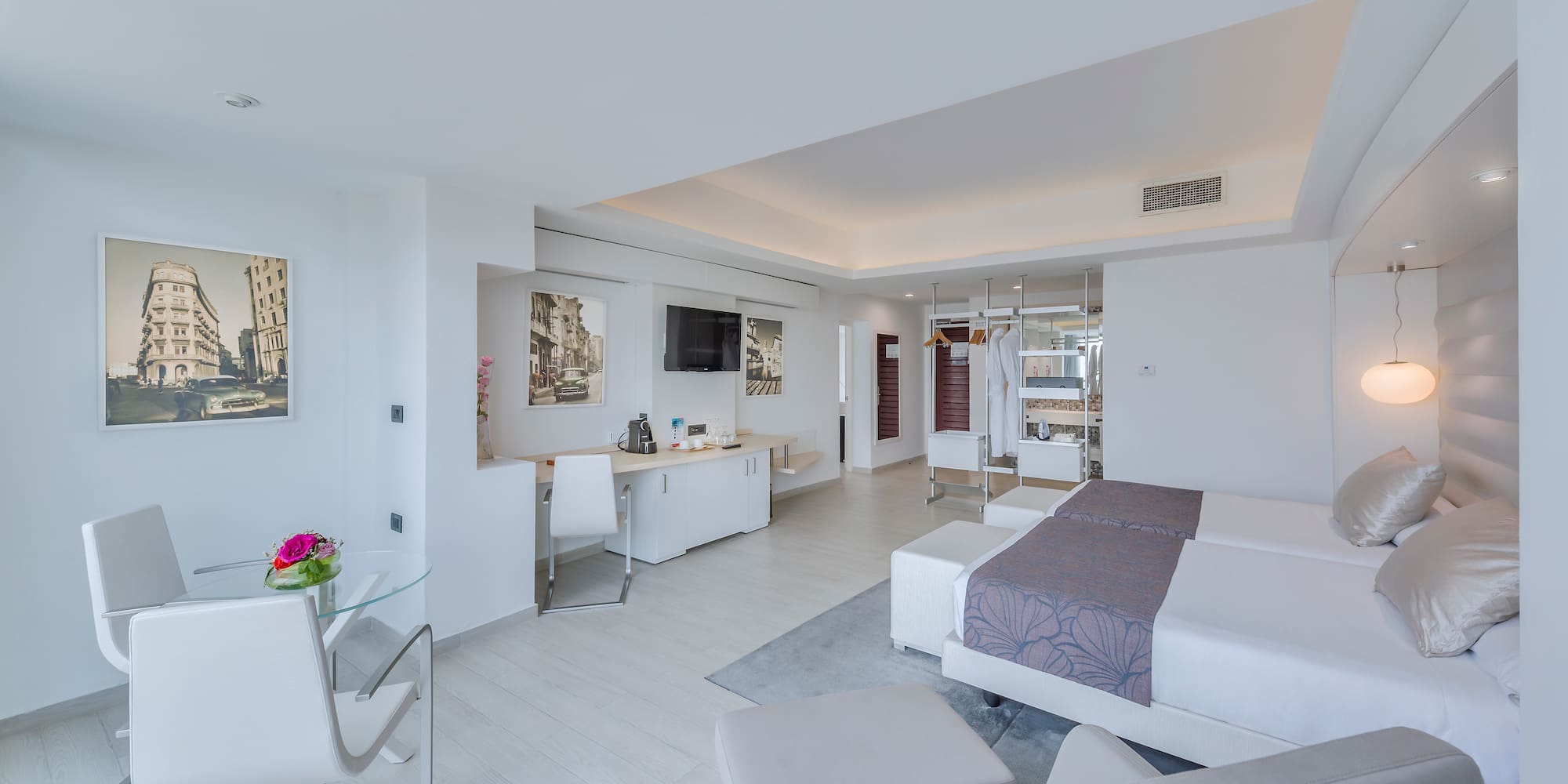 a room with a bed and a table