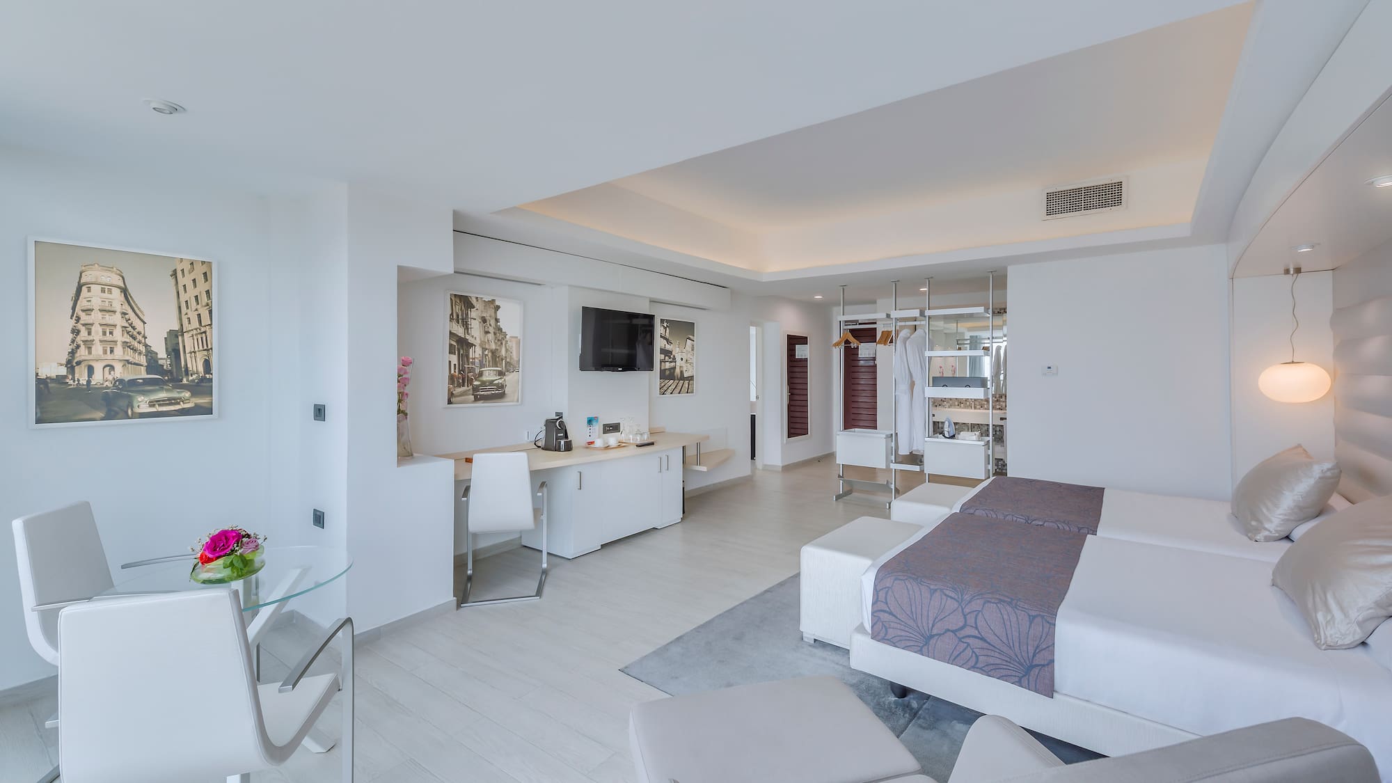 a room with a bed and a table