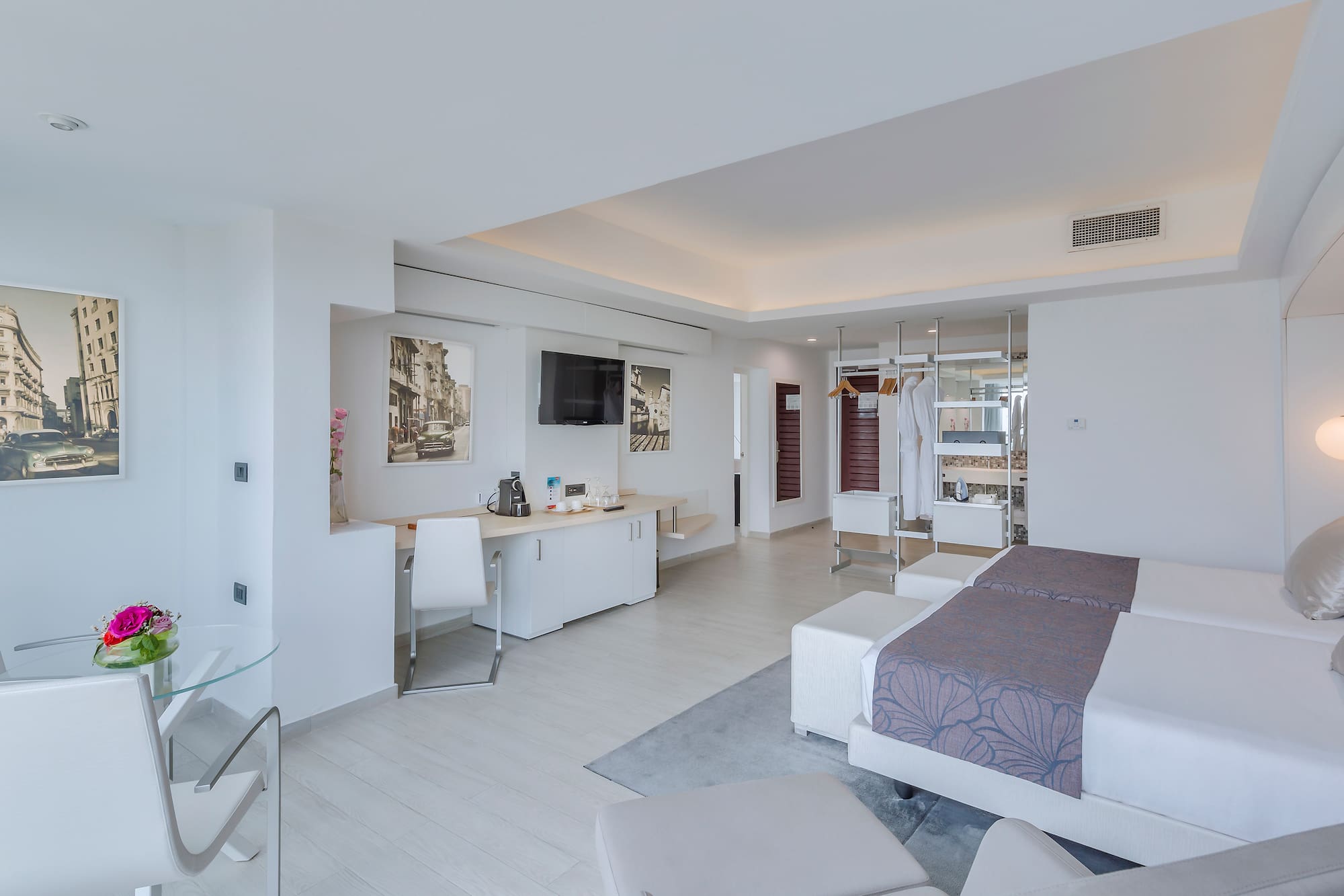 a room with a bed and a table