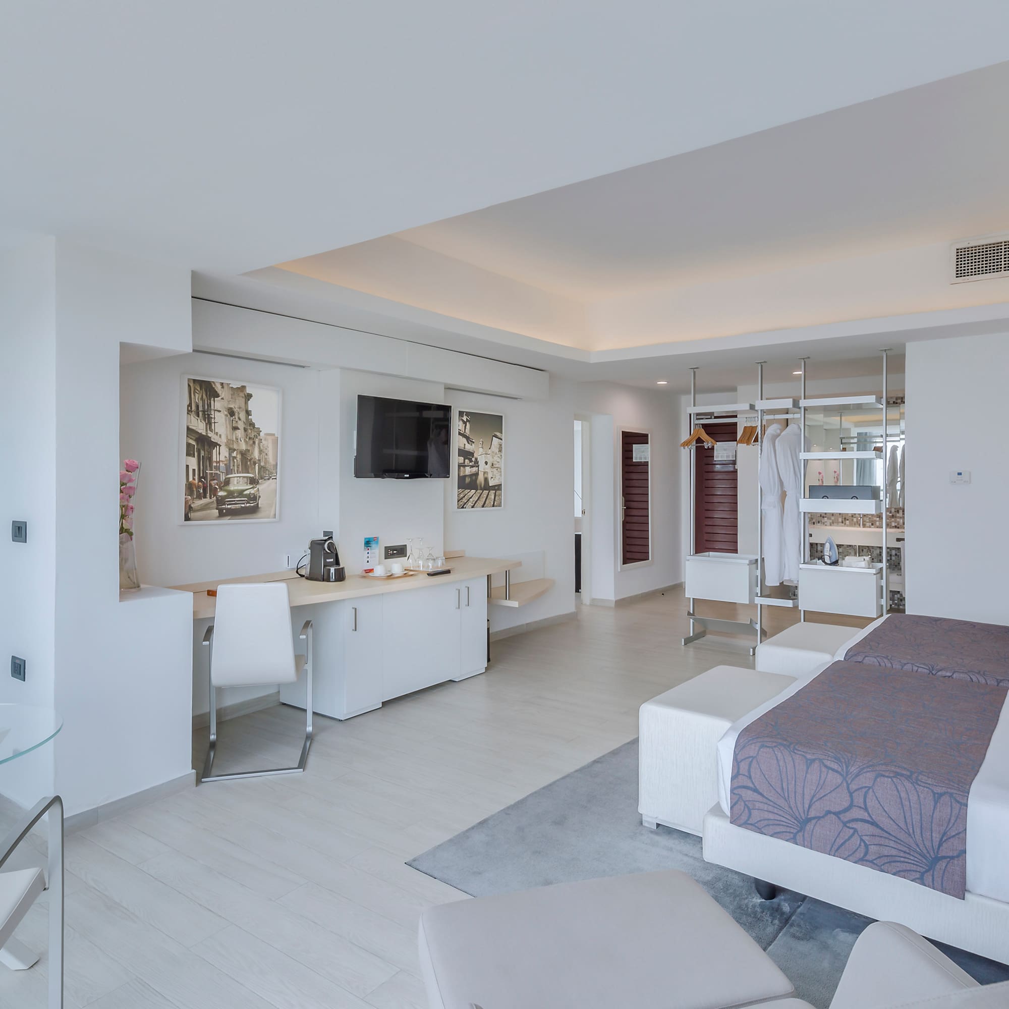 a room with a bed and a table