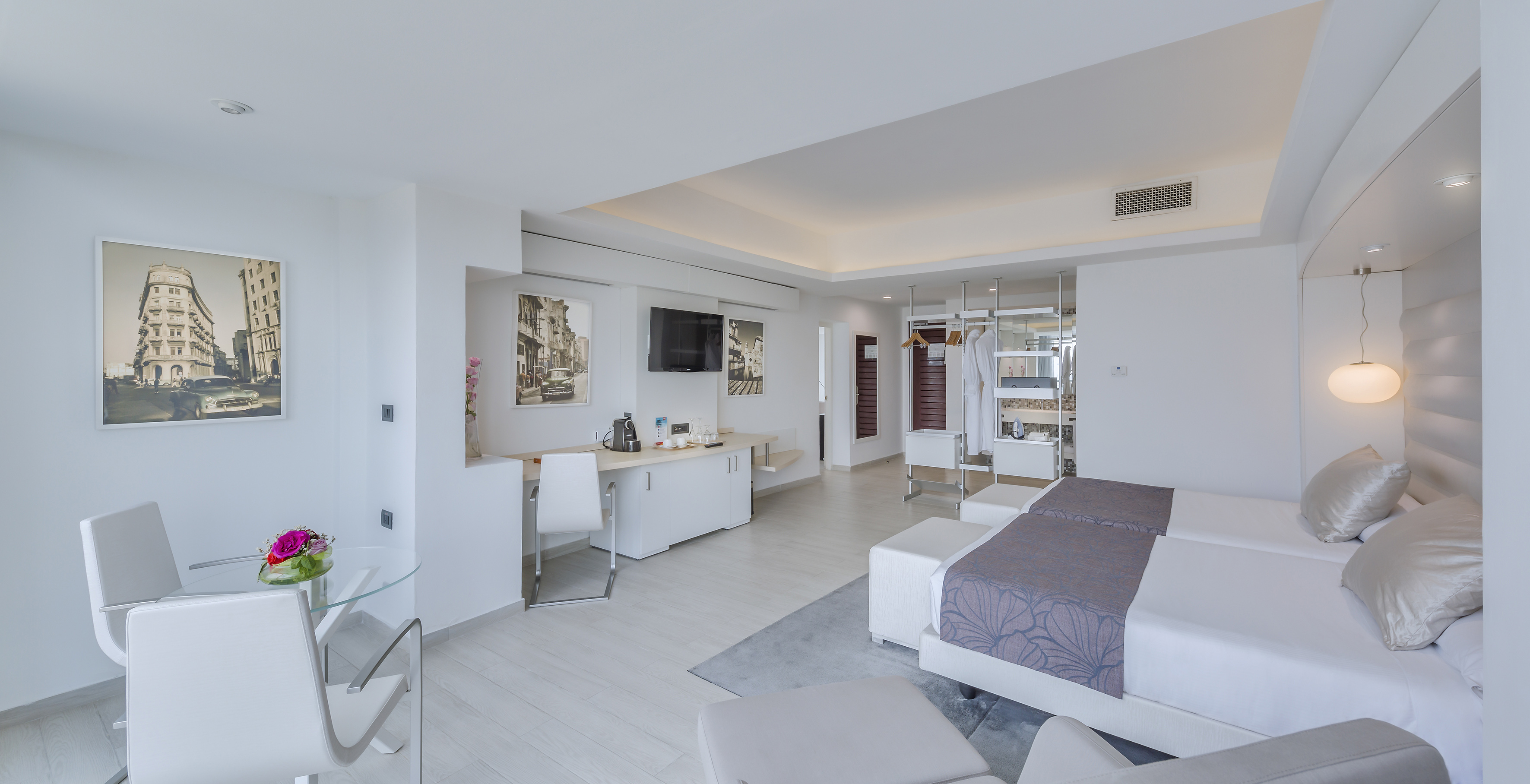 a room with a bed and a table