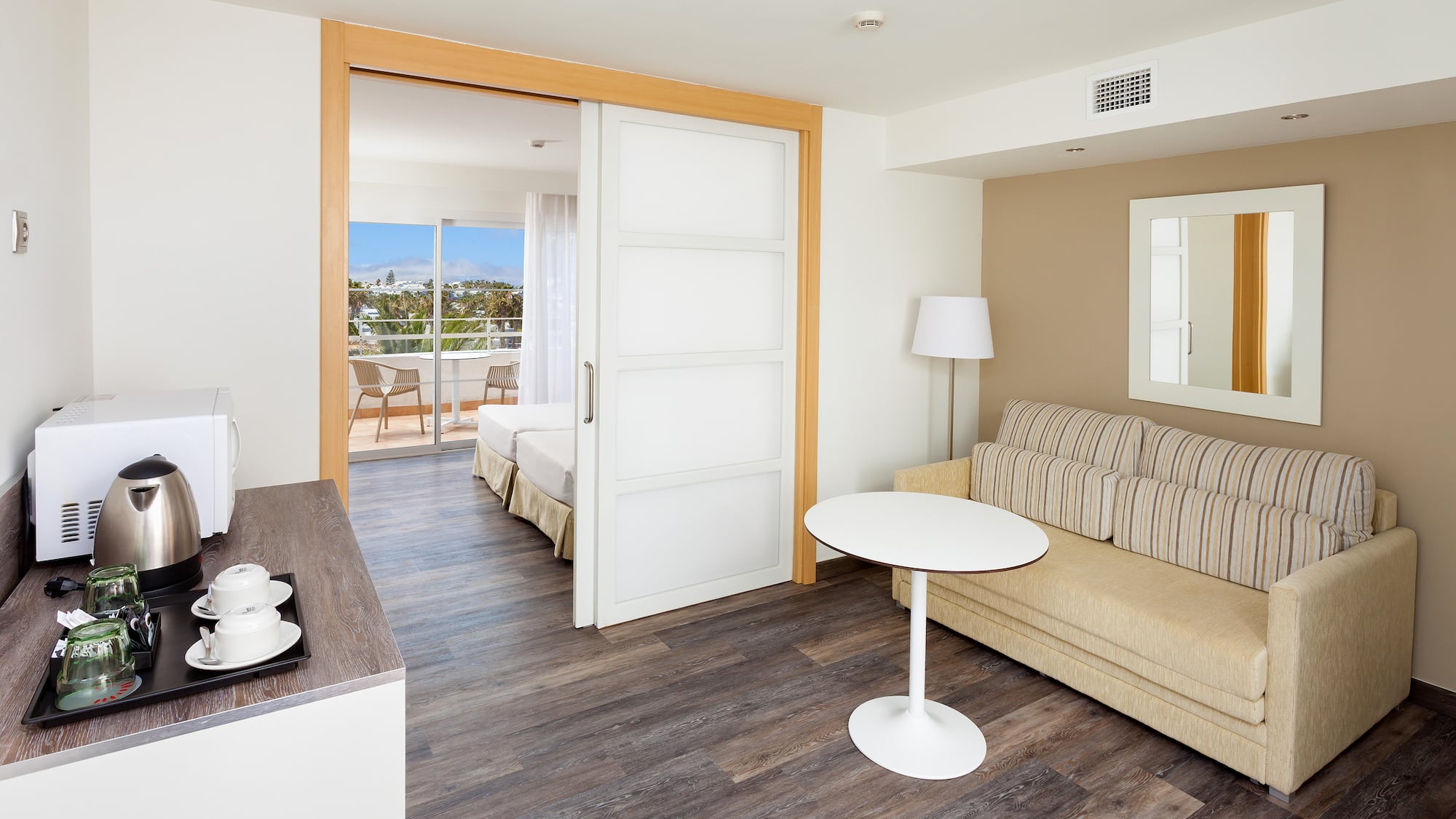 a room with a couch and a table