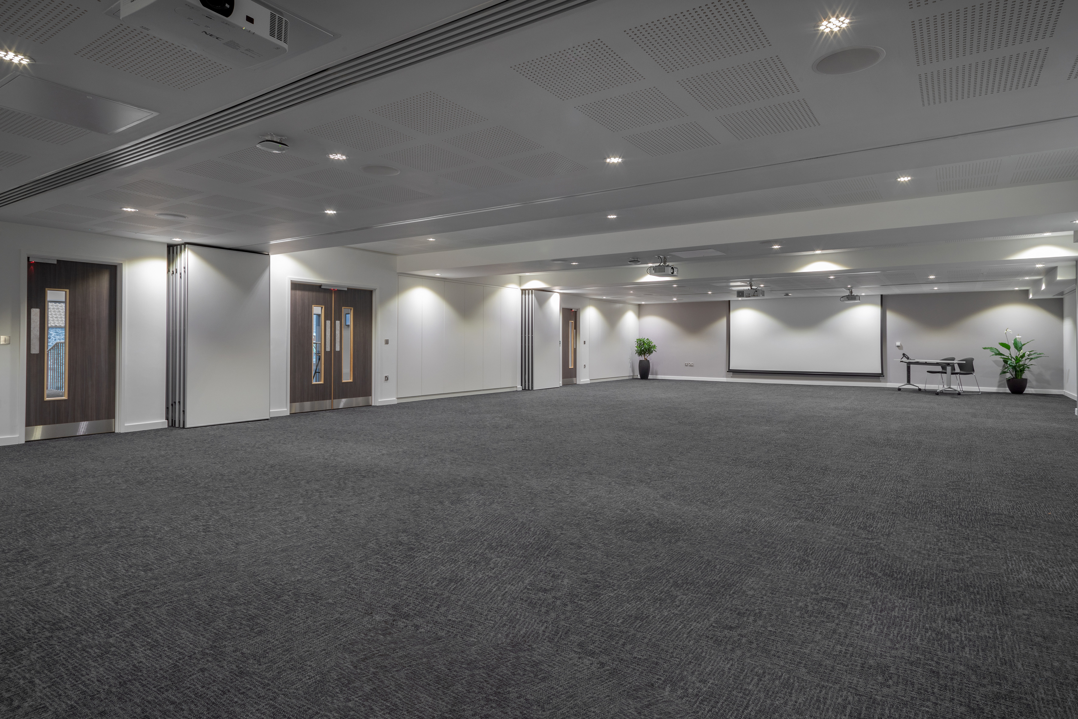 Empty modern conference room with grey carpet, projector screen, and flexible walls.