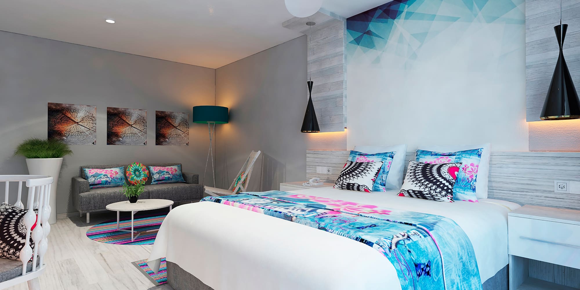 a bedroom with a bed and a couch