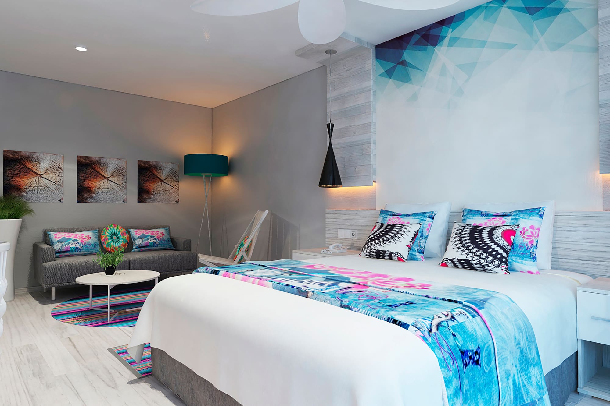 a bedroom with a bed and a couch