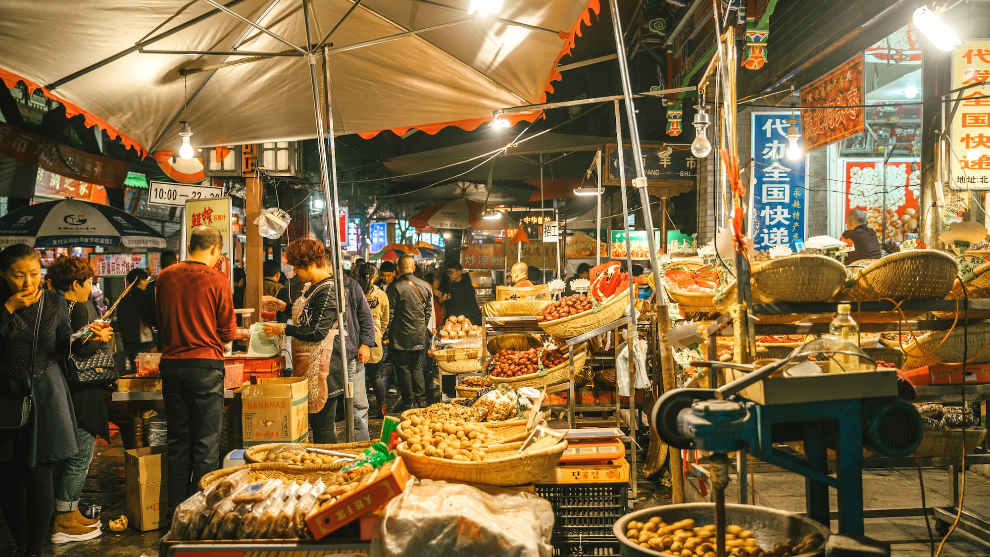 a group of people at a market
