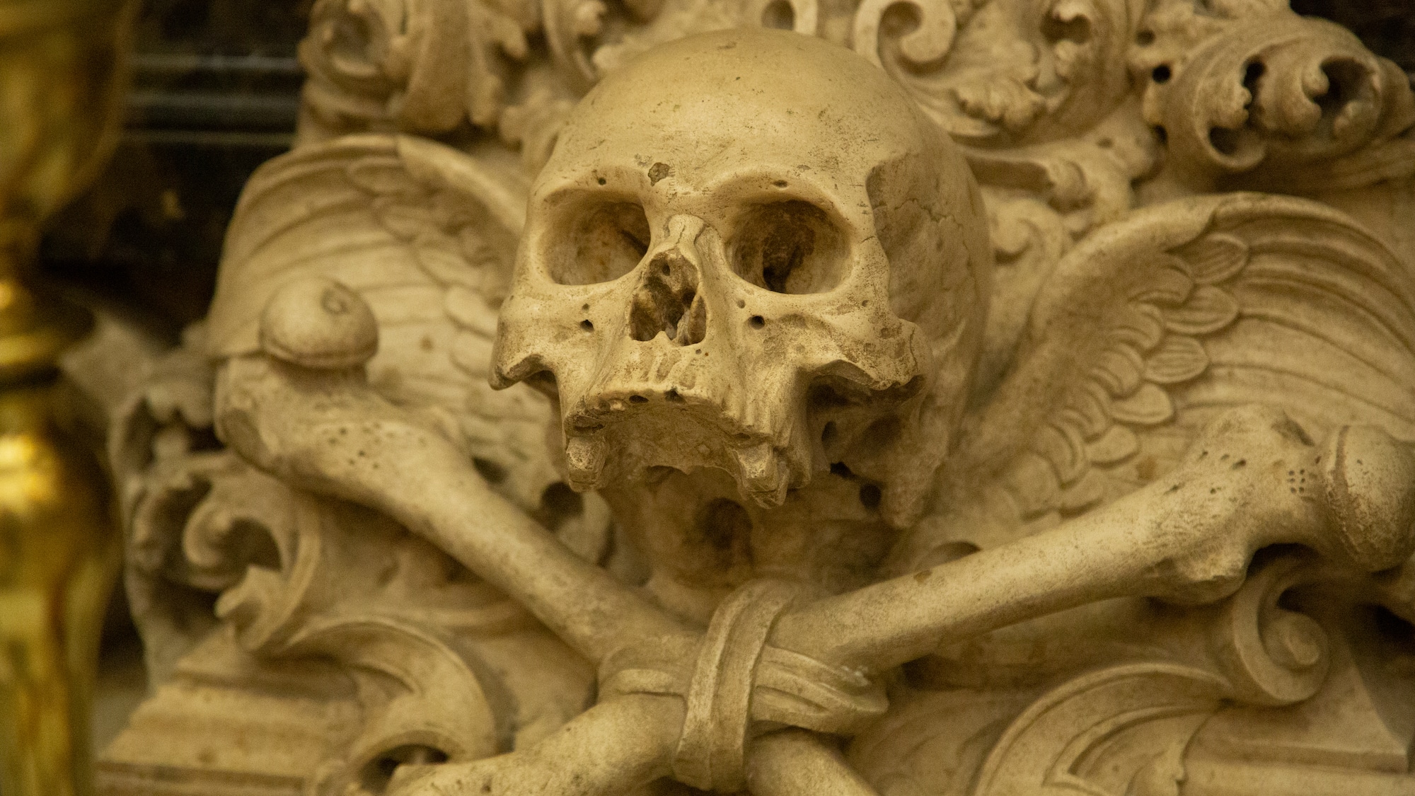 a skull and crossbones carved into a stone wall