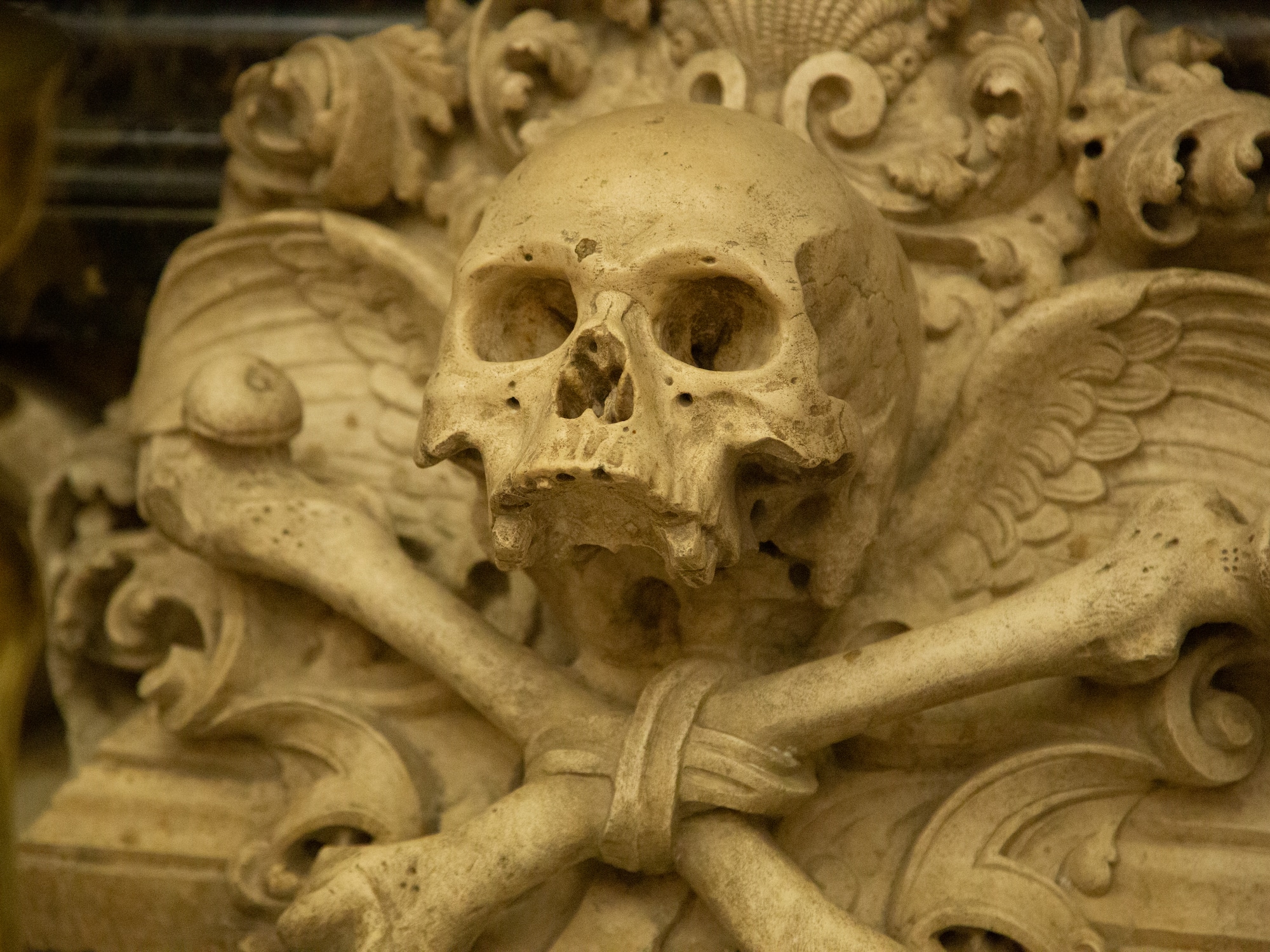 a skull and crossbones carved into a stone wall