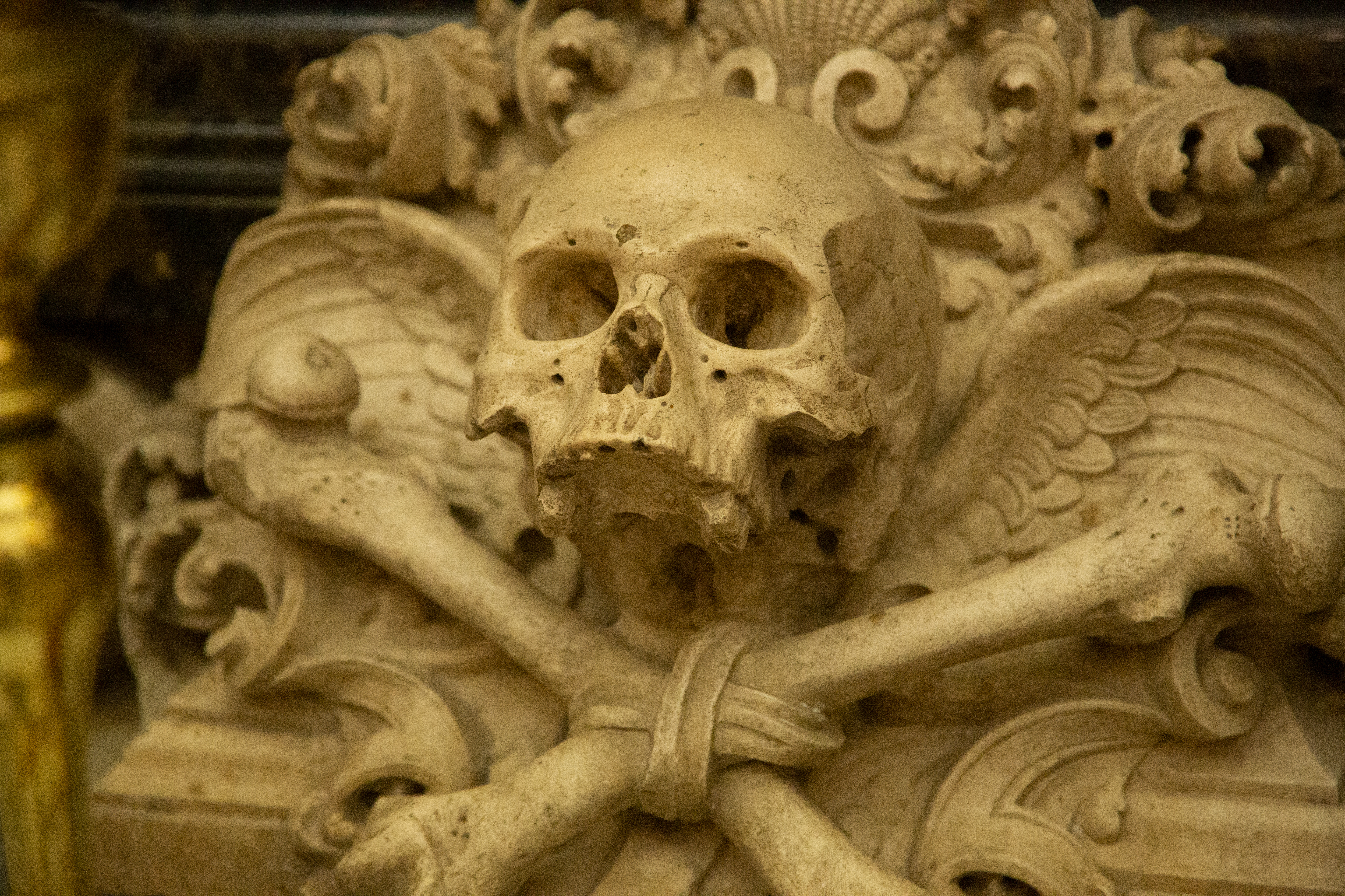 a skull and crossbones carved into a stone wall