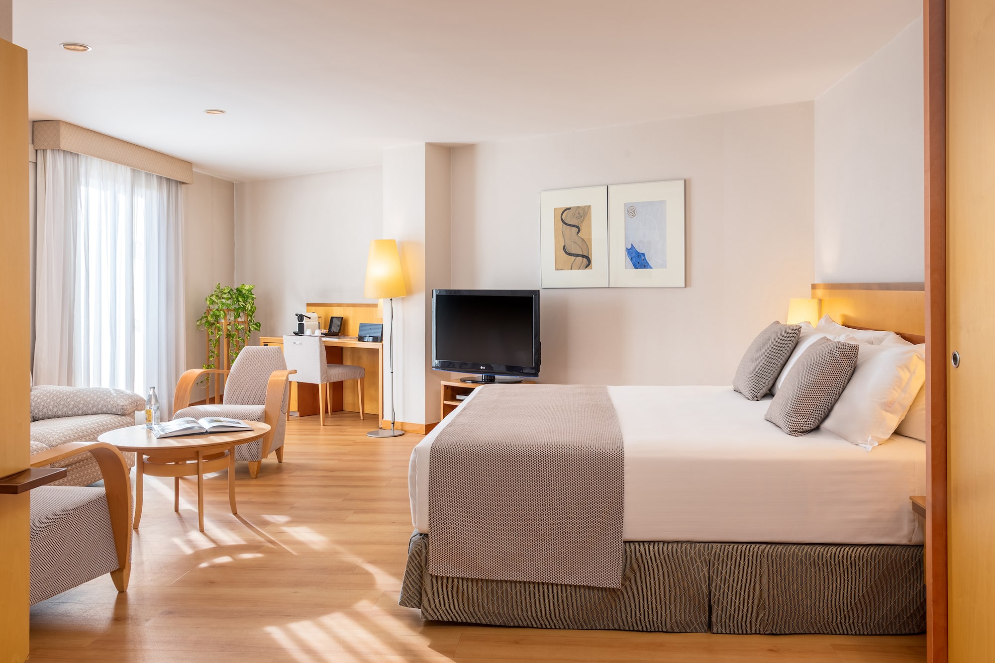 a bedroom with a bed and a television