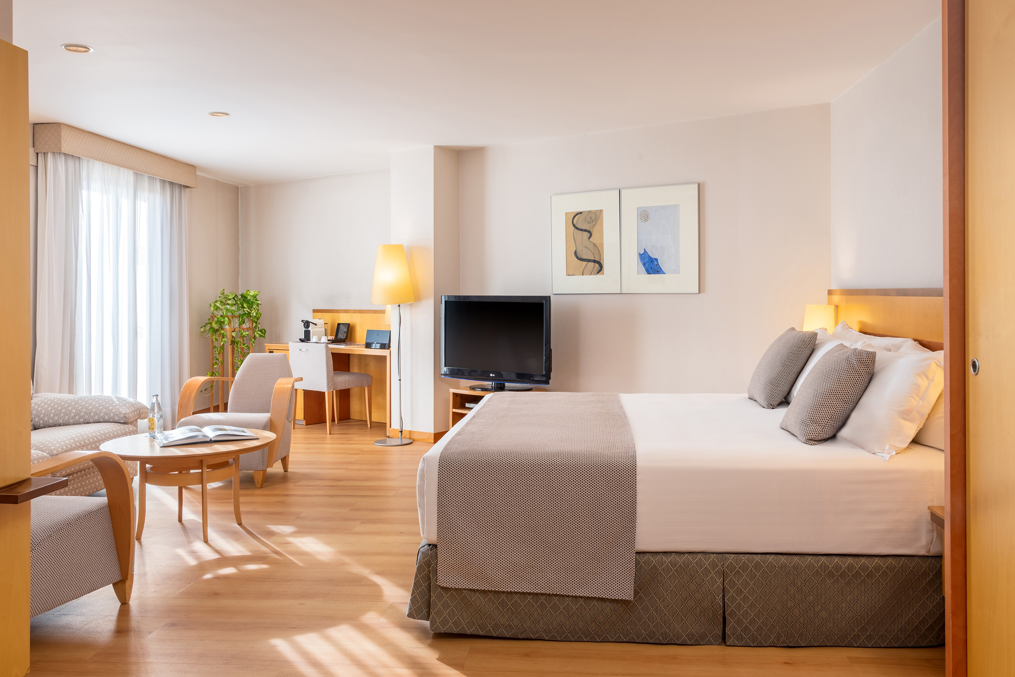 Modern hotel room with bed, TV, desk, and cozy seating area.