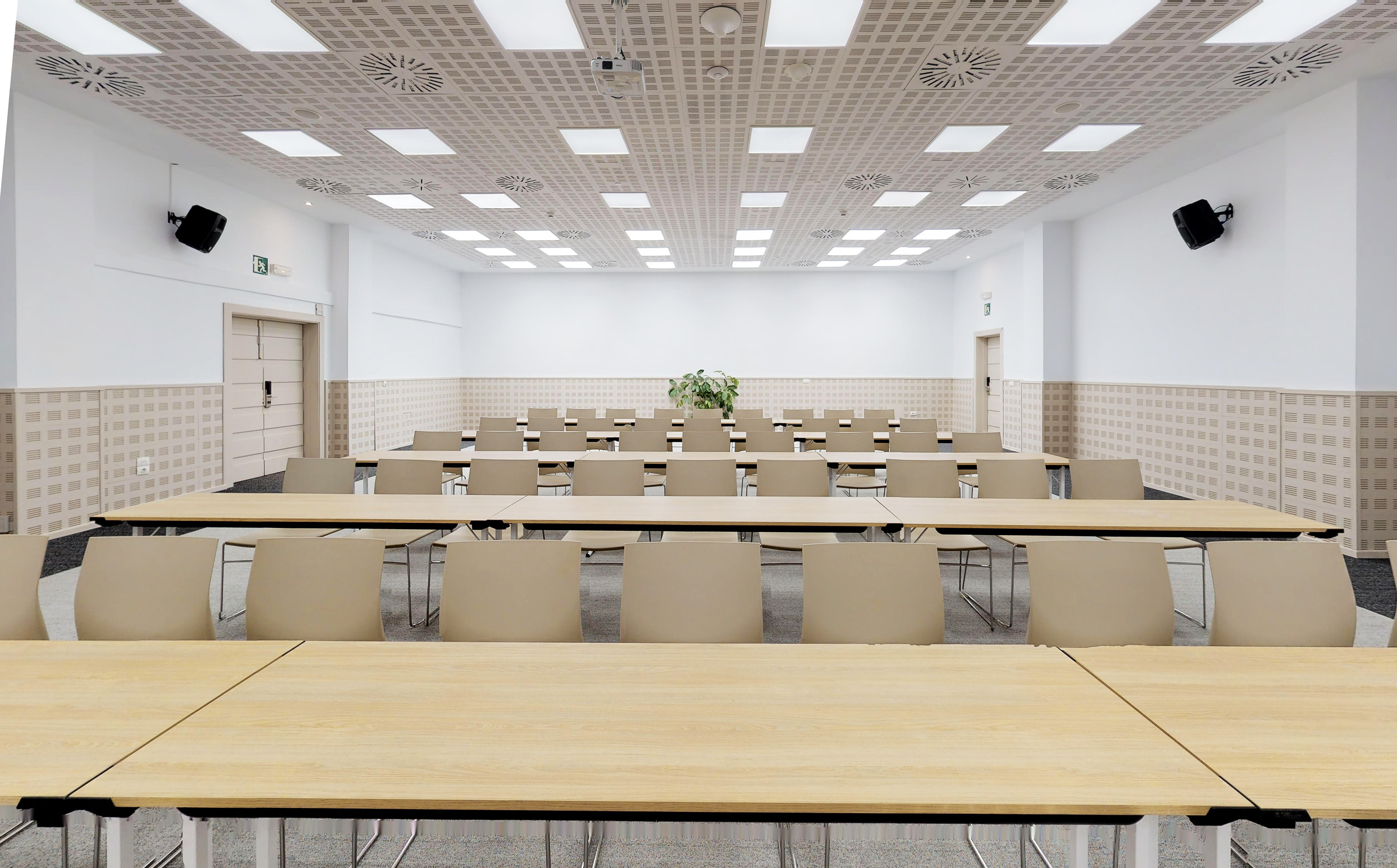 Modern conference room with rows of light wood tables and beige chairs.
