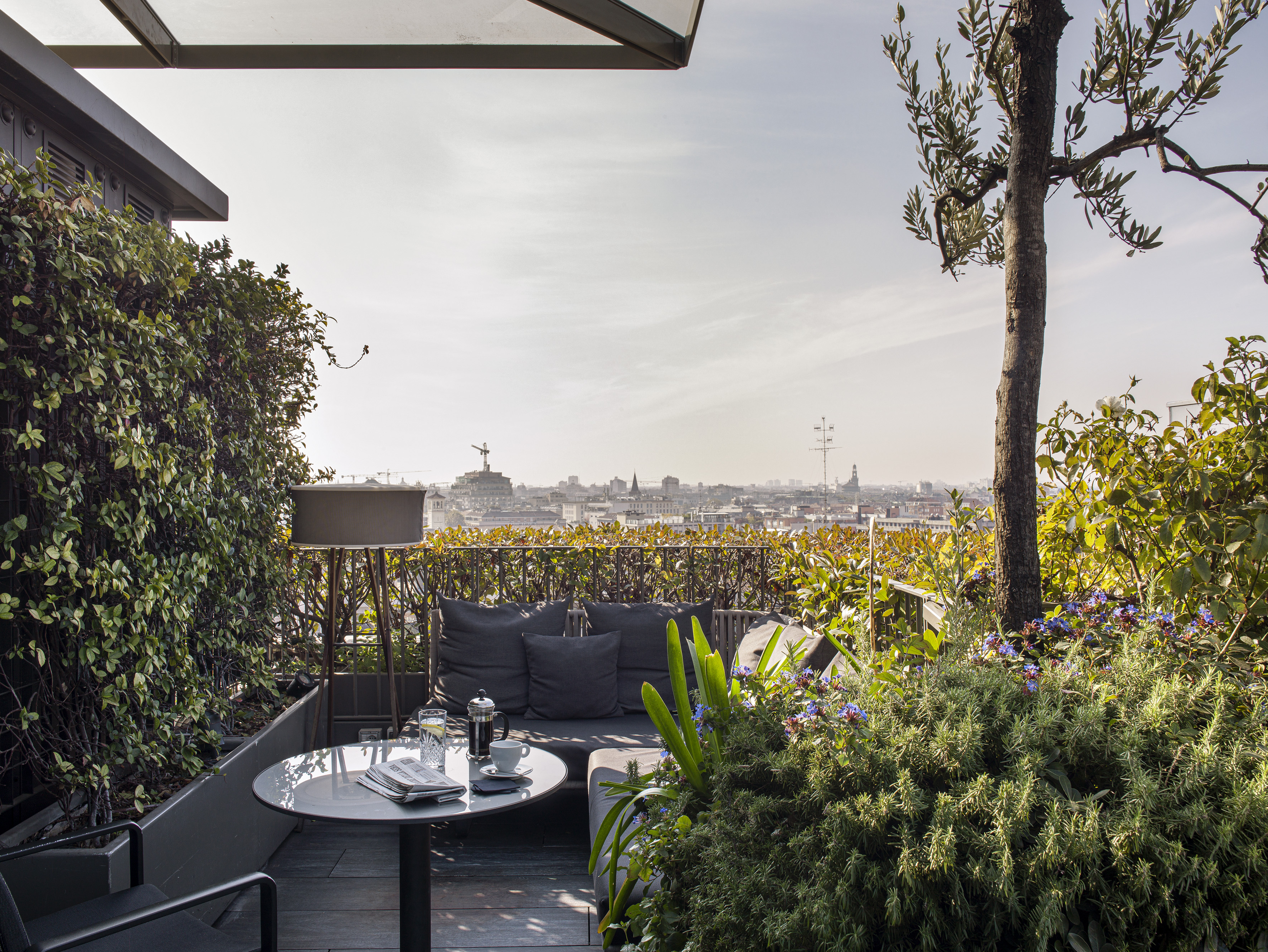 Rooftop terrace lounge with coffee, plants, and panoramic city view.