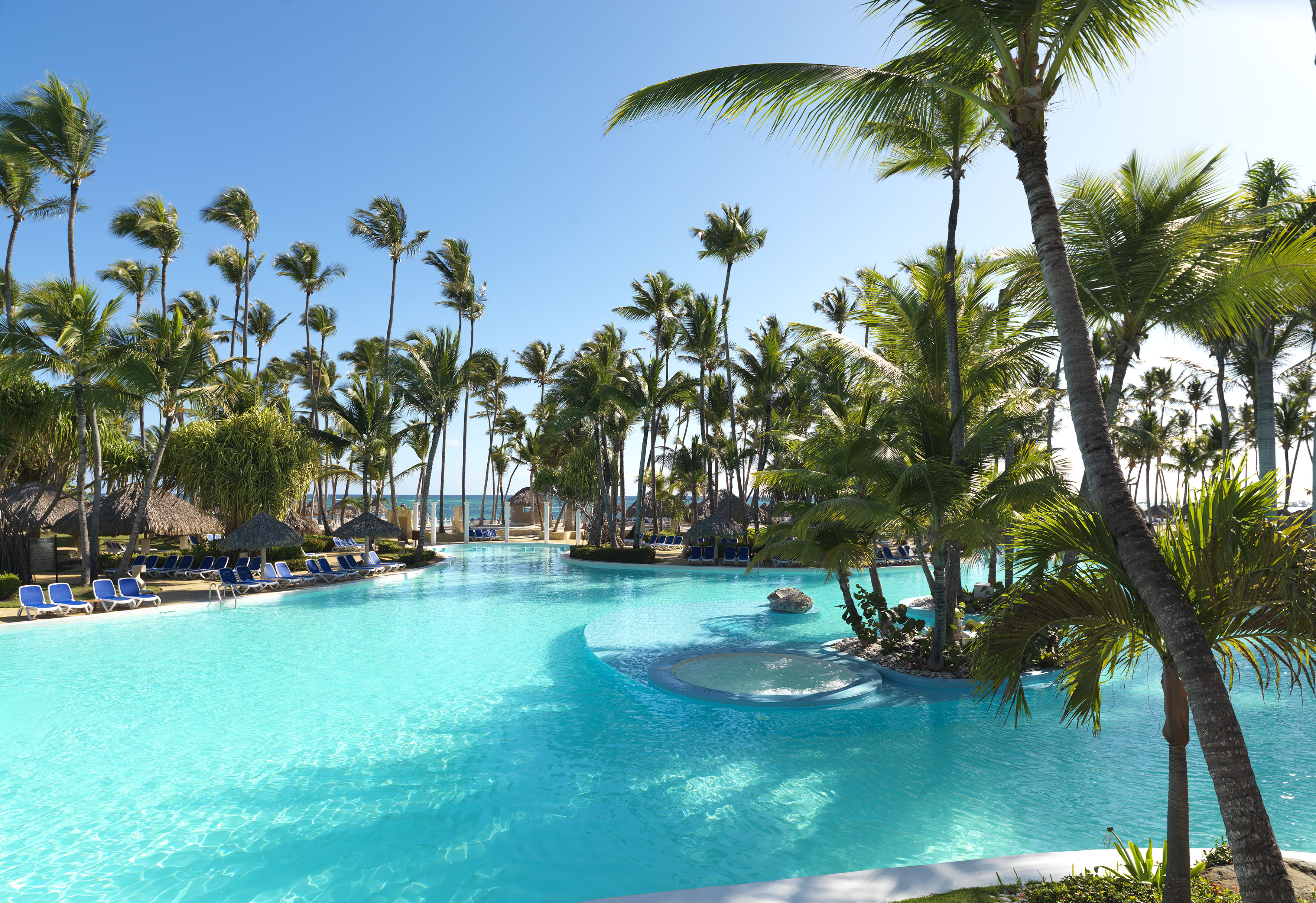 a pool with palm trees and a fountain