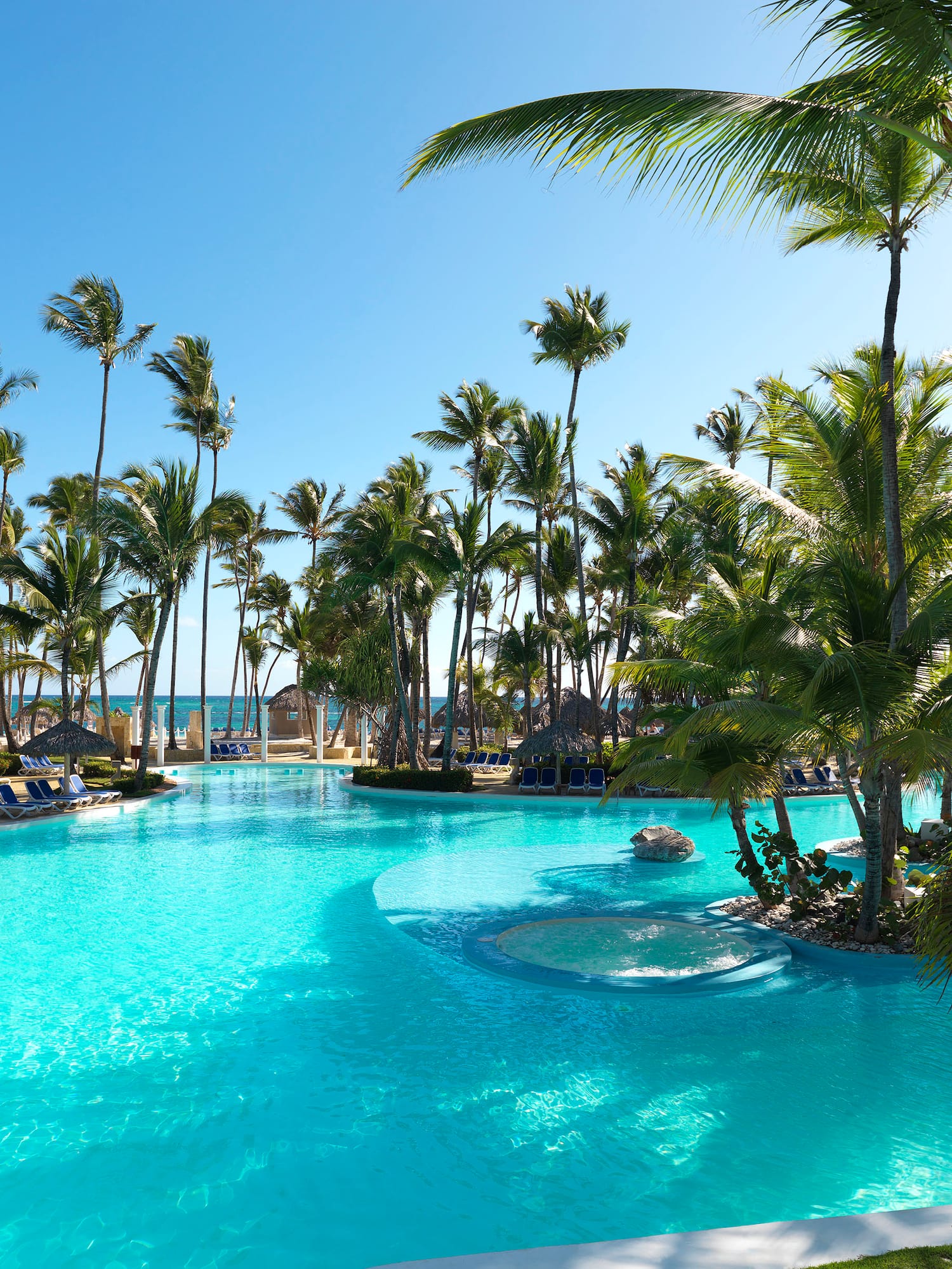 a pool with palm trees and a fountain