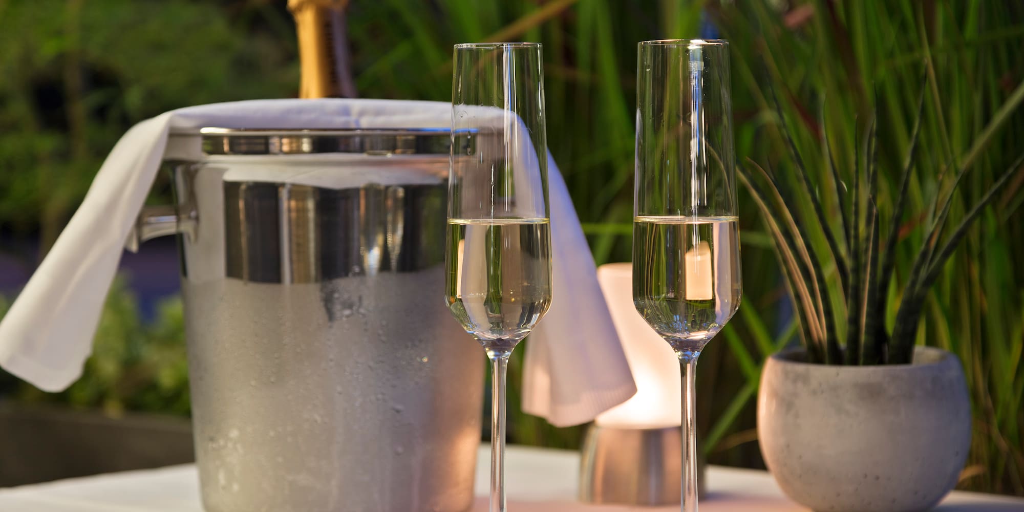 two glasses of champagne on a table