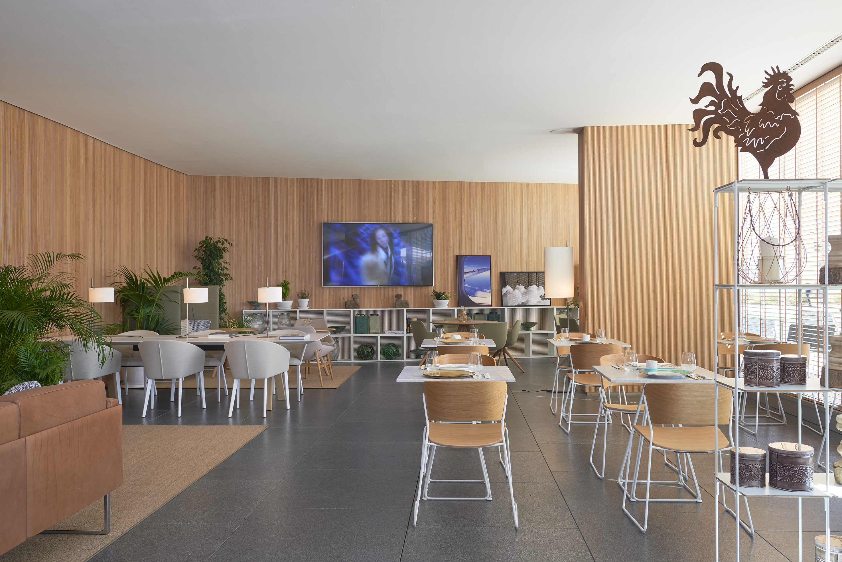 a room with tables and chairs