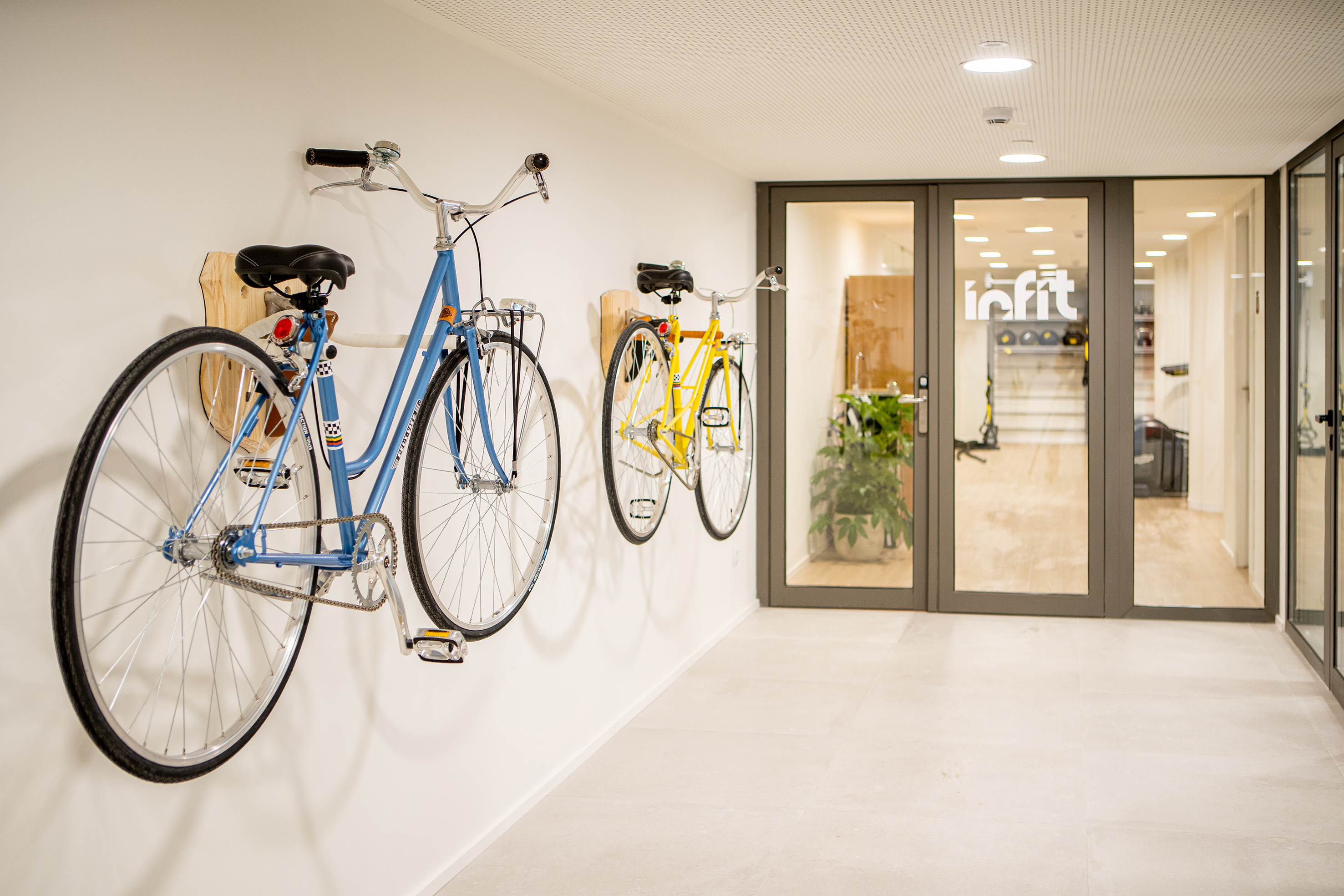 Blue and yellow bicycles on wall mount in hallway near Infit gym.