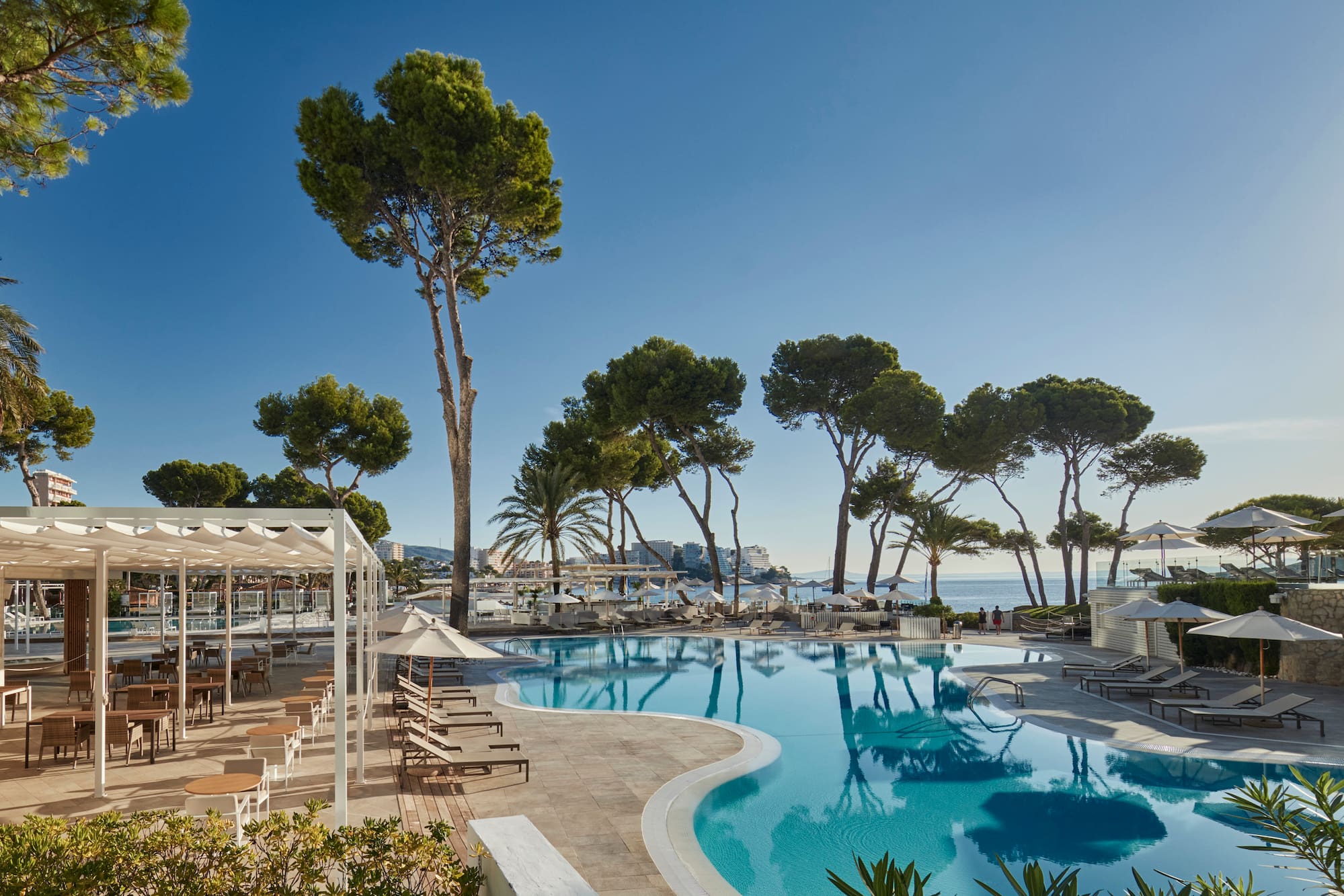 a swimming pool with trees and a building in the background