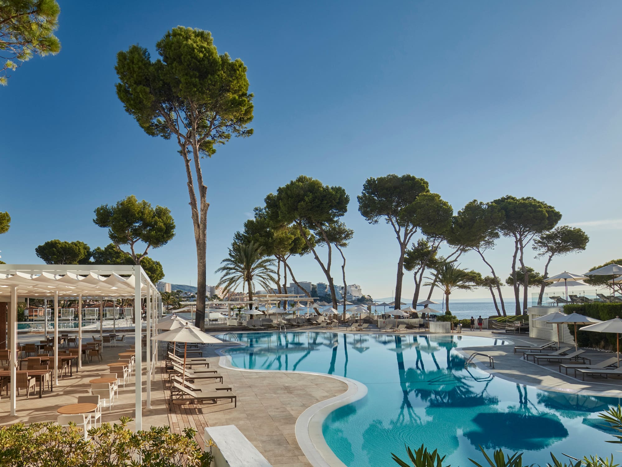 a swimming pool with trees and a building in the background
