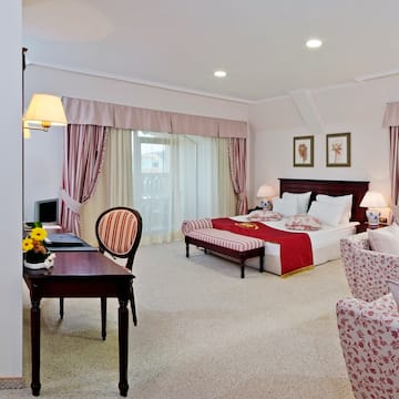 a room with a bed and a desk