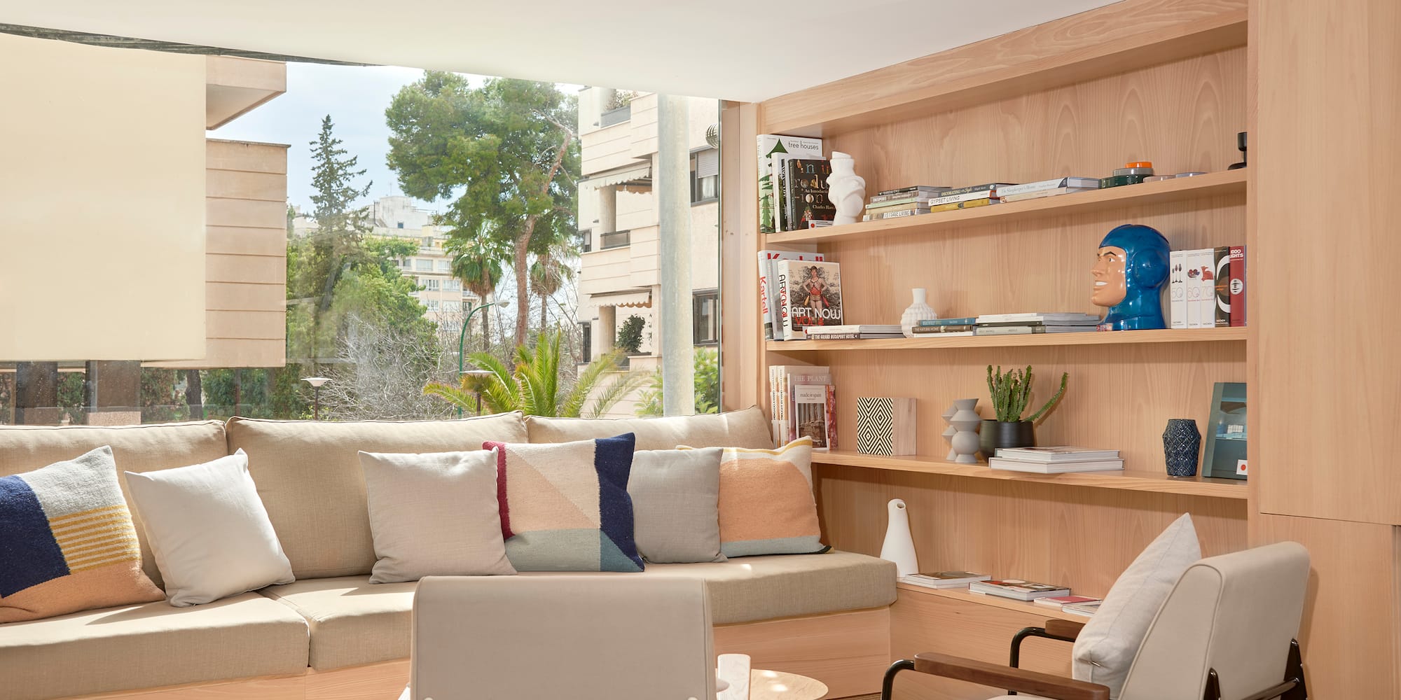 a living room with a couch and a table