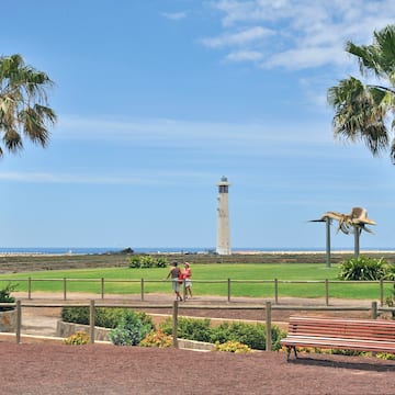 a park with palm trees and a lighthouse