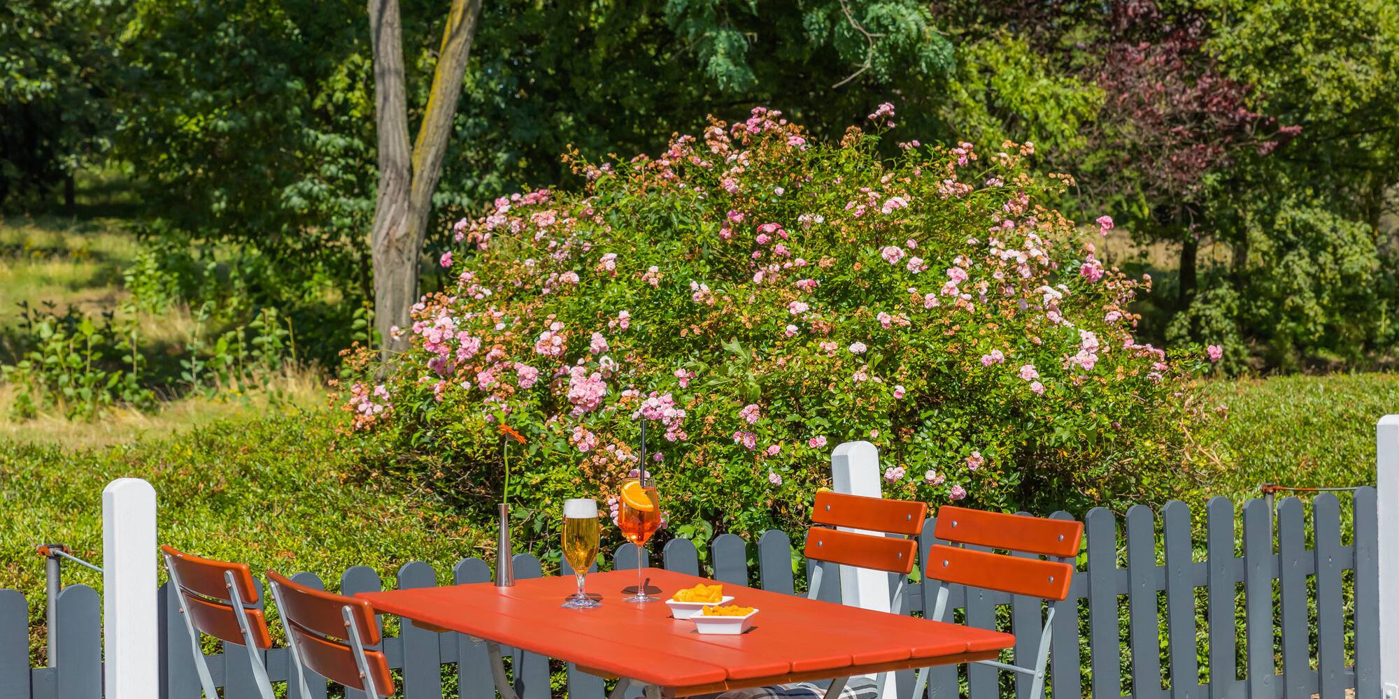 a table and chairs outside with flowers in the background