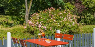a table and chairs outside with flowers in the background