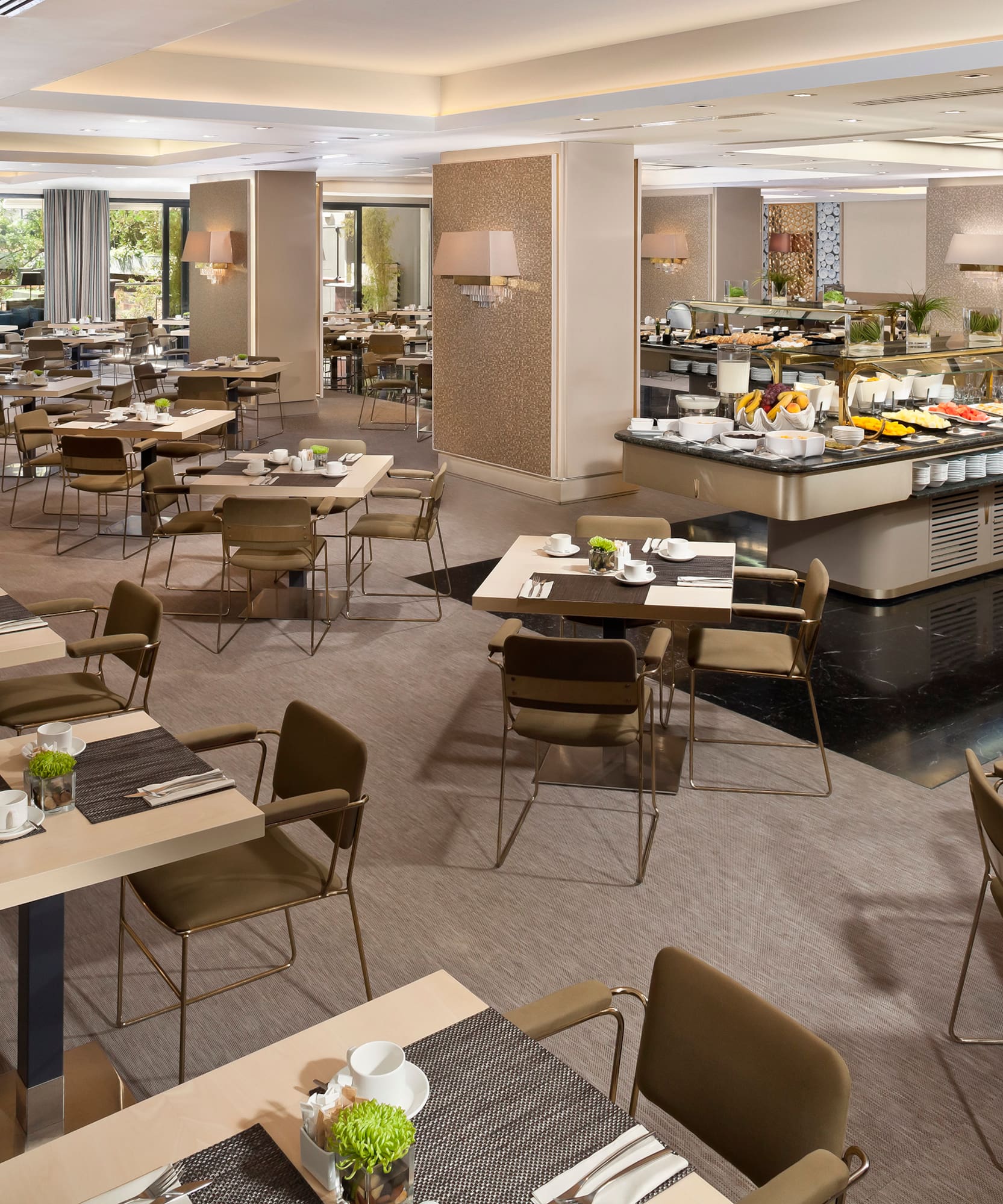 a large room with tables and chairs