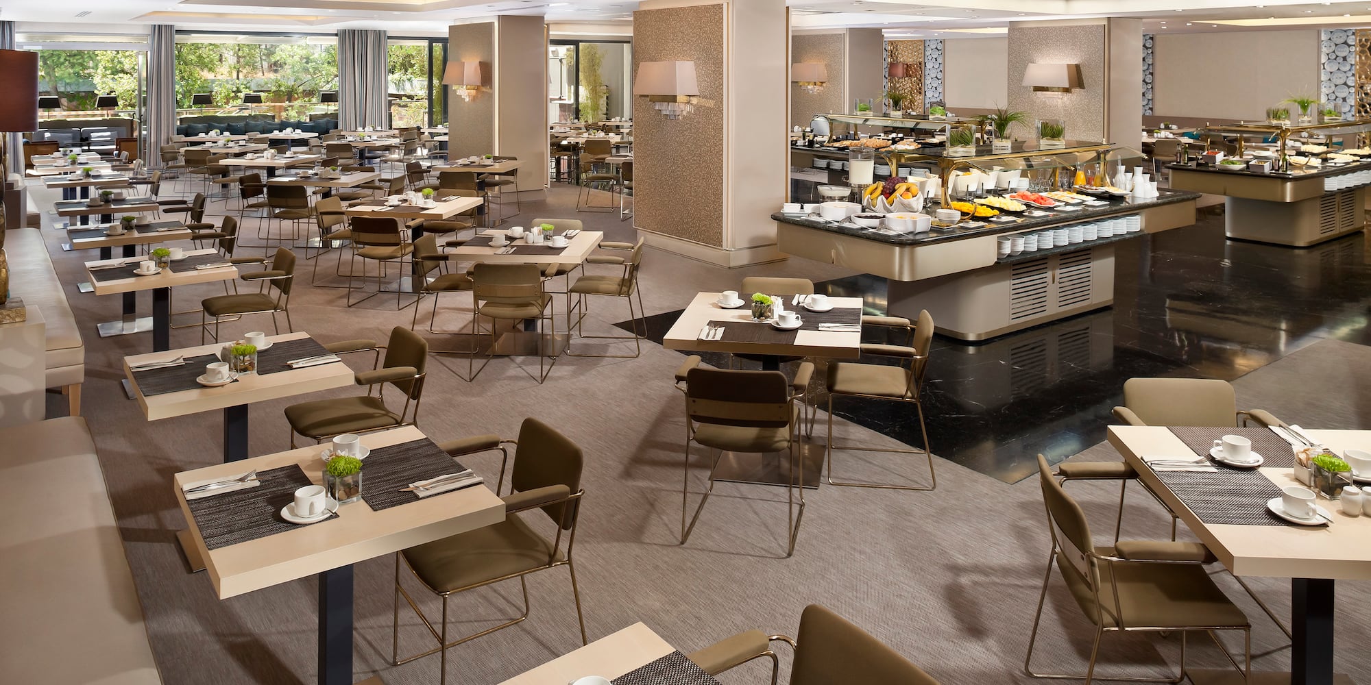 a large room with tables and chairs