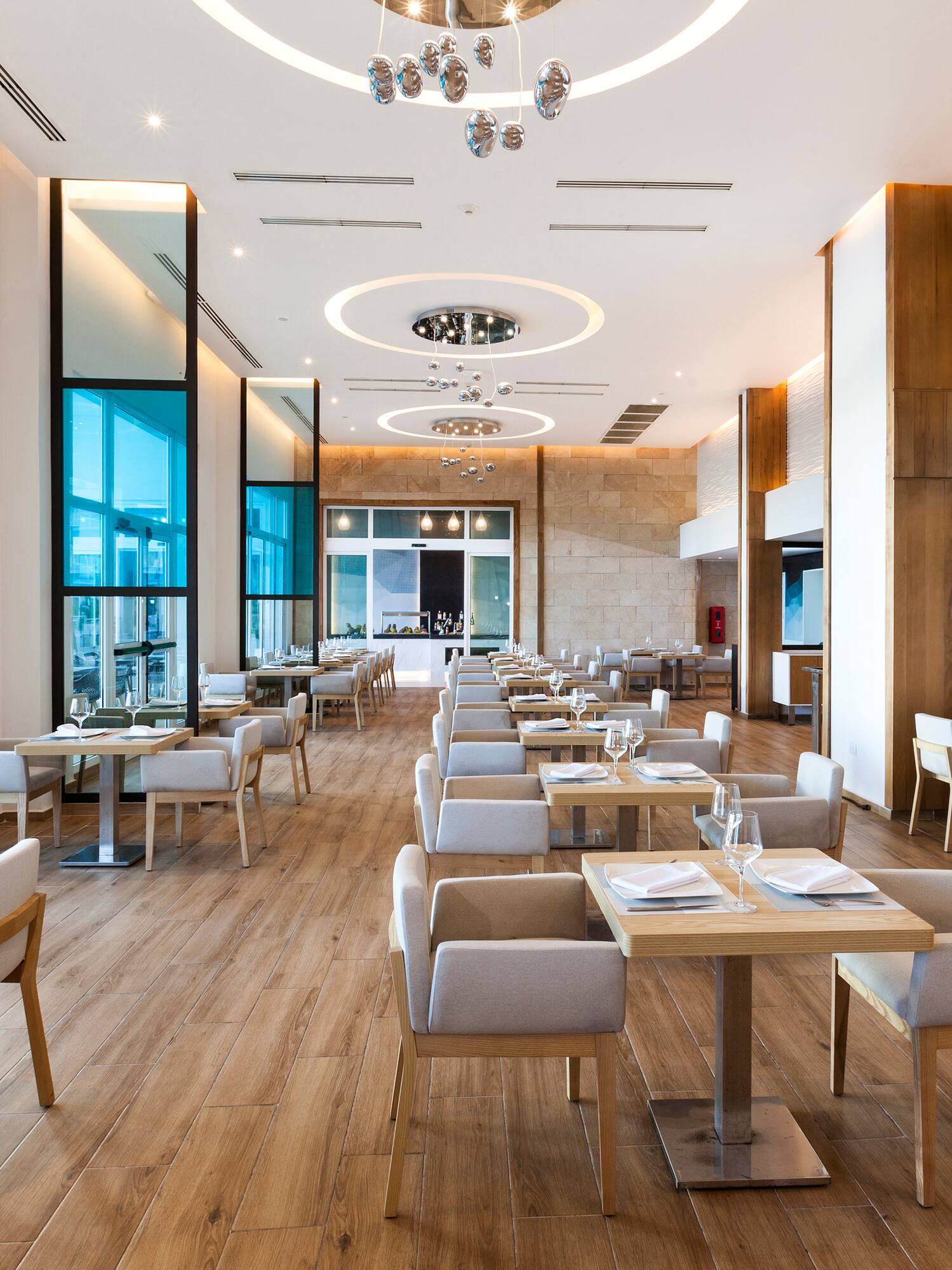 a room with tables and chairs