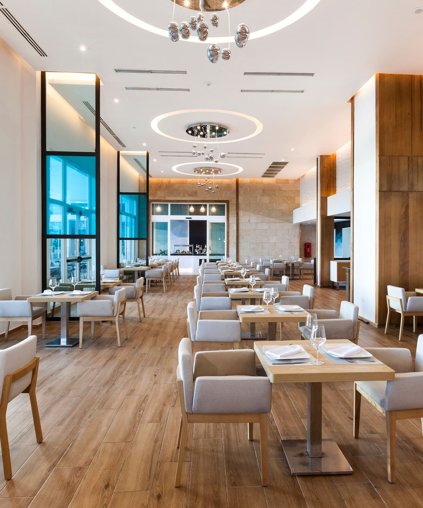 a room with tables and chairs