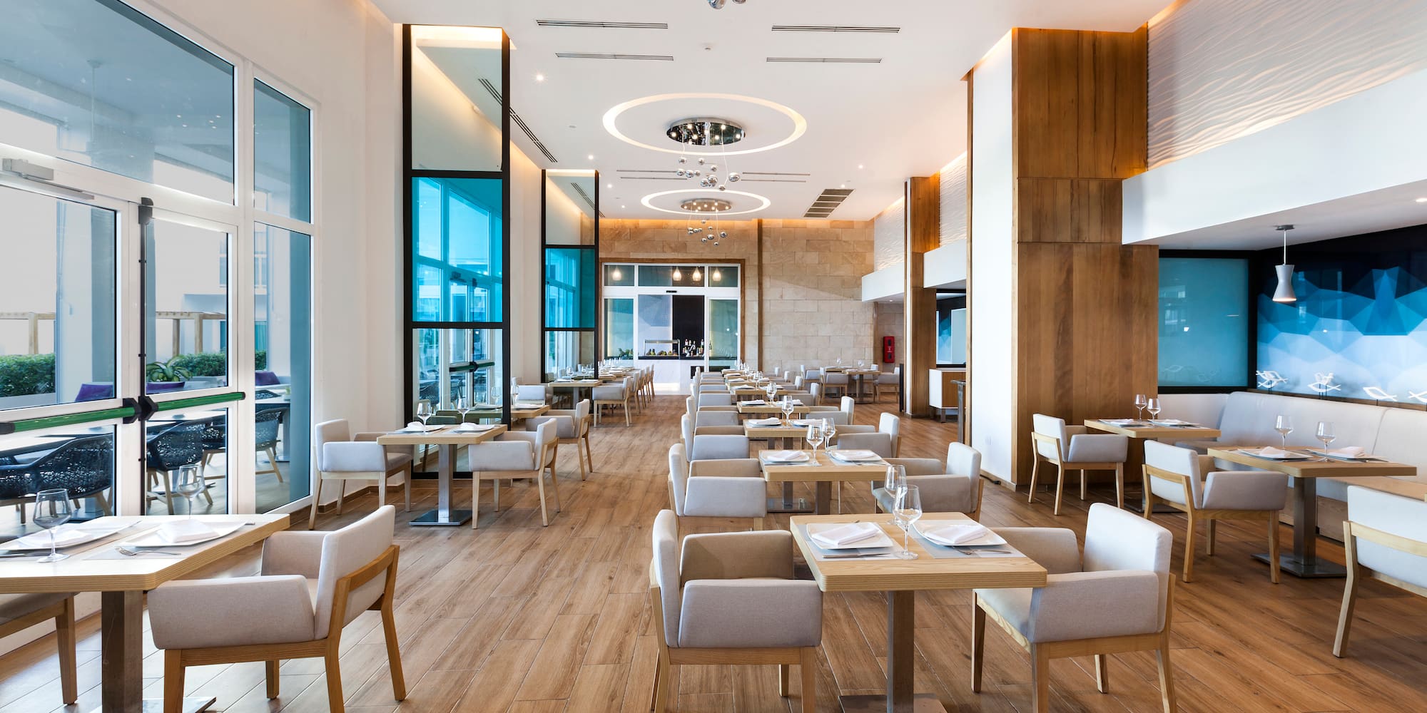 a room with tables and chairs