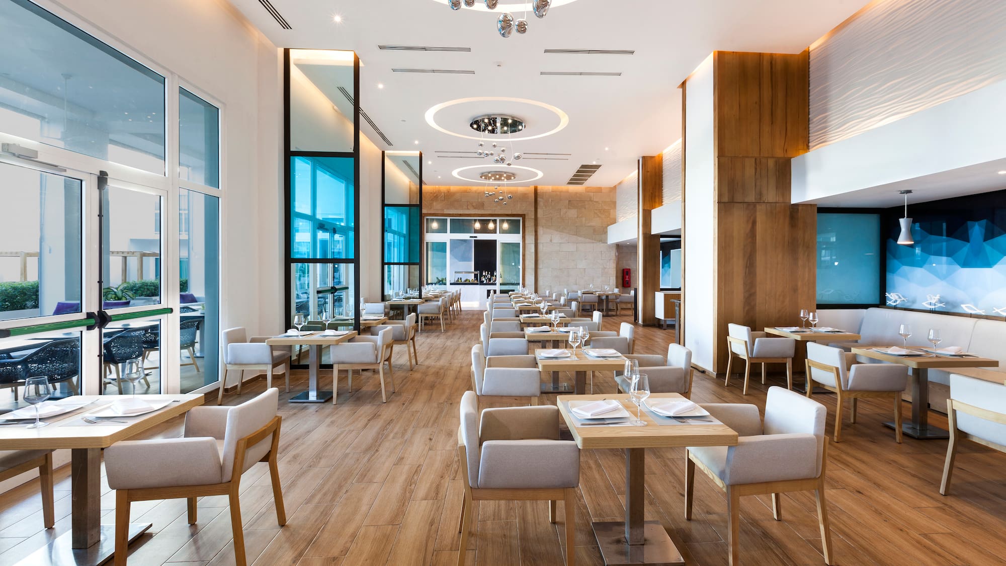 a room with tables and chairs